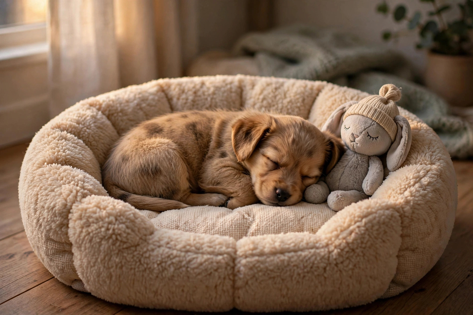 Tired puppy sleeping peacefully in a cozy dog bed