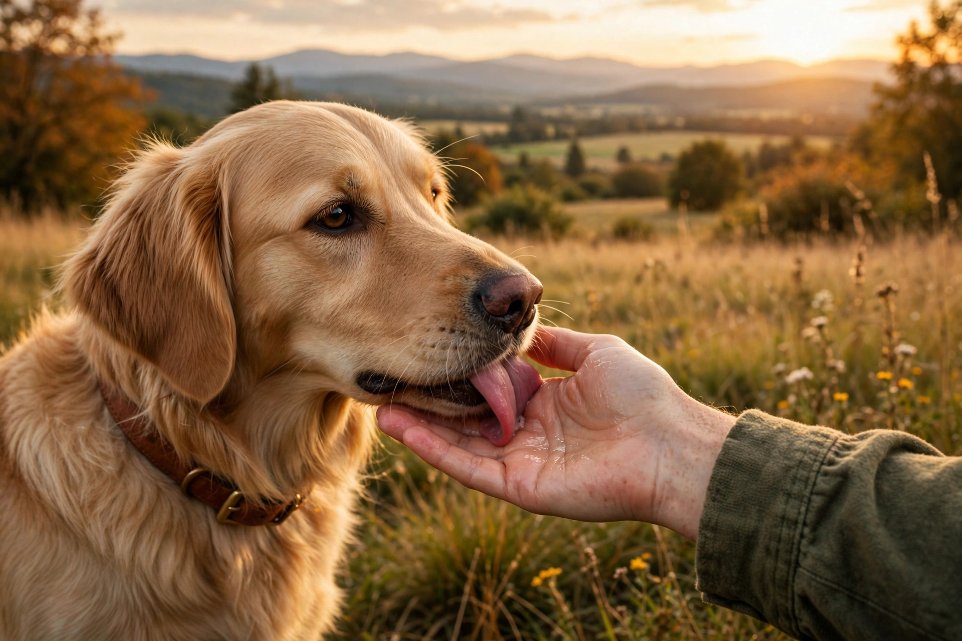 Dog giving gentle affectionate licks on its owner's hand