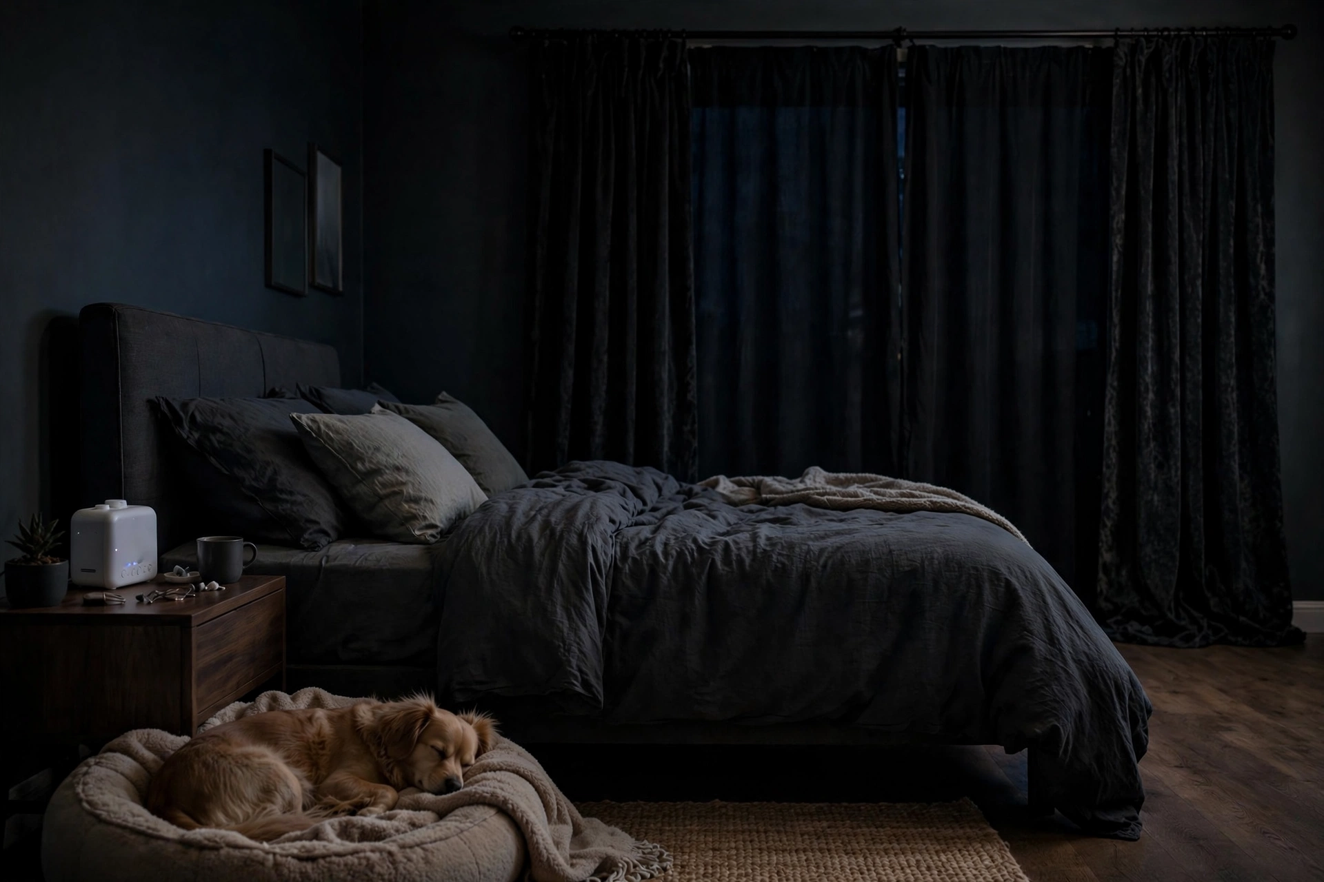Dark bedroom with blackout curtains and a white noise machine while a dog sleeps