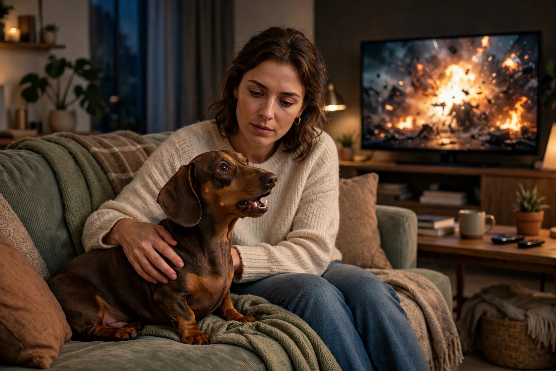 Dachshund cuddling with owner during a loud TV scene