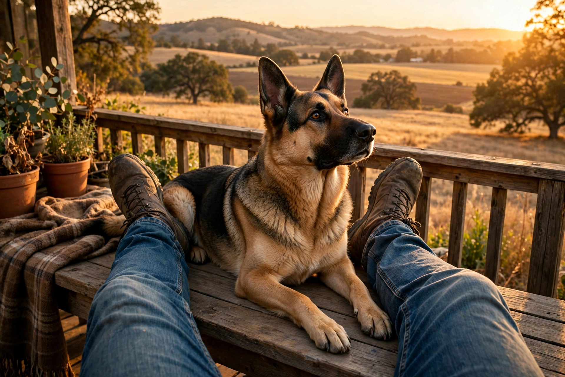 Alert loyal dog lying between its owner's legs, guarding protectively