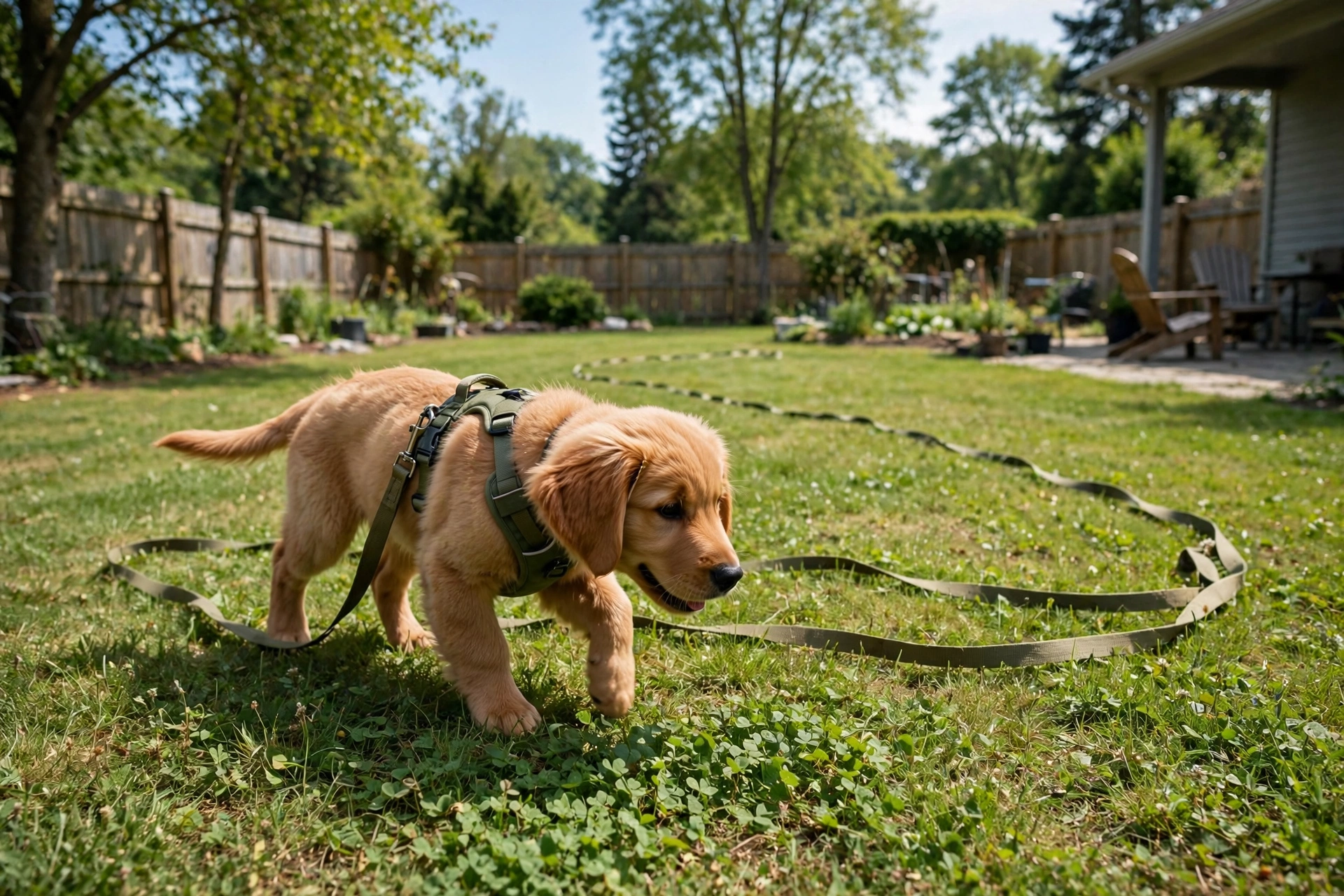 Puppy on a long training line safely exploring a backyard