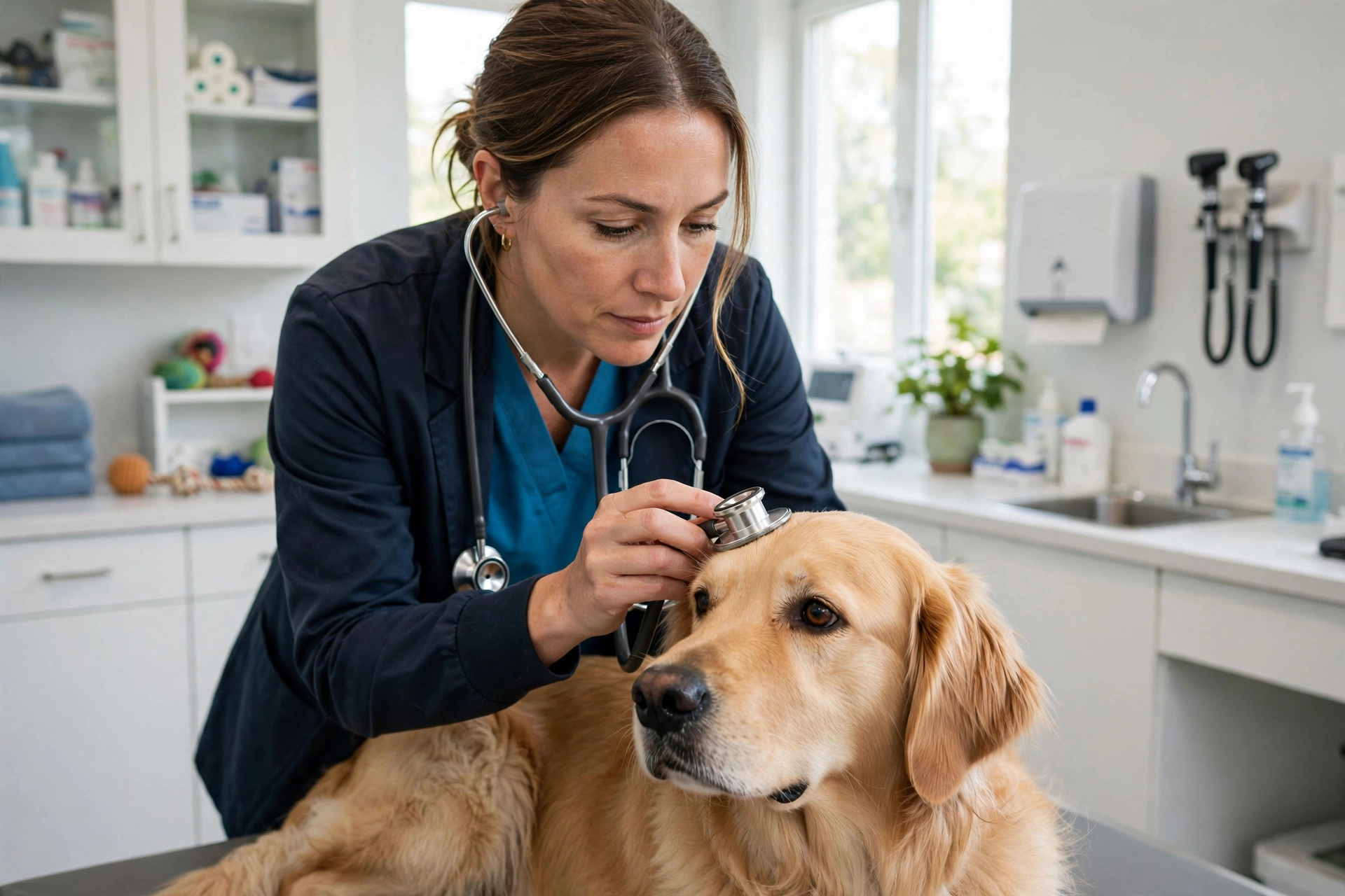 Veterinarian examining a dog's head in a clinic