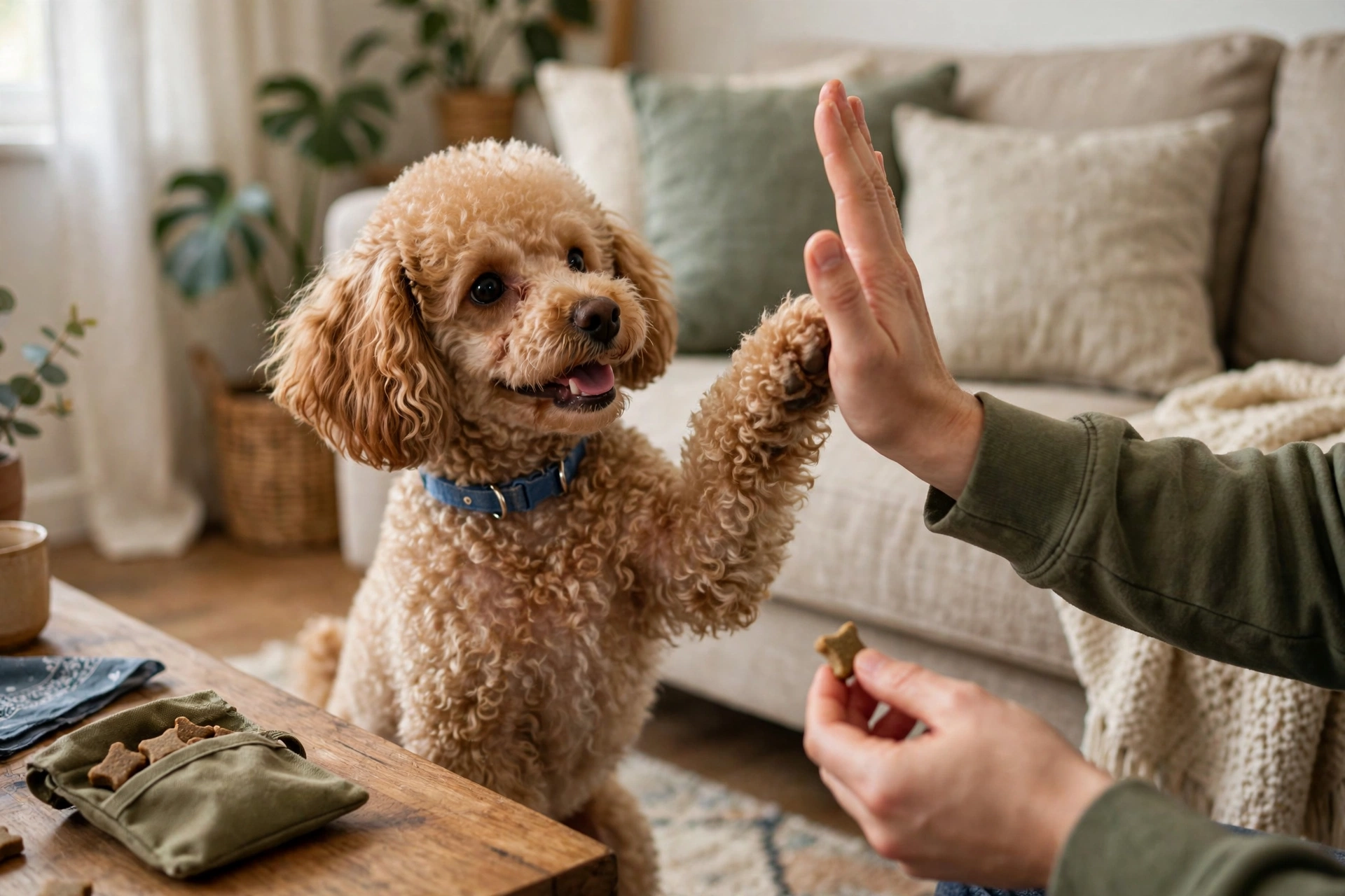 Poodle puppy being rewarded with a treat after a successful high five