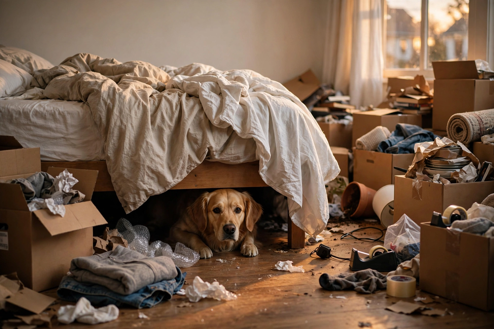 Dog hiding under a bed in a room with moving boxes
