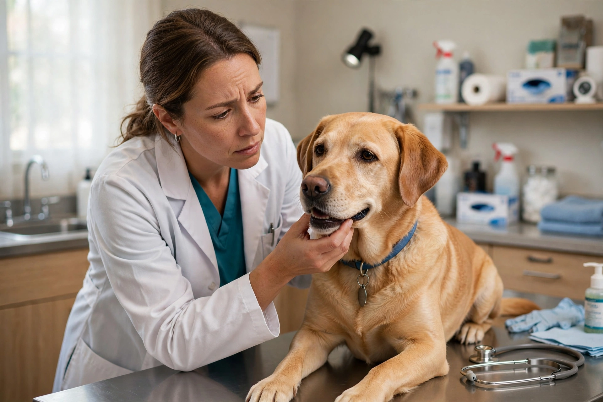 Veterinarian gently examining a dog's throat during a checkup