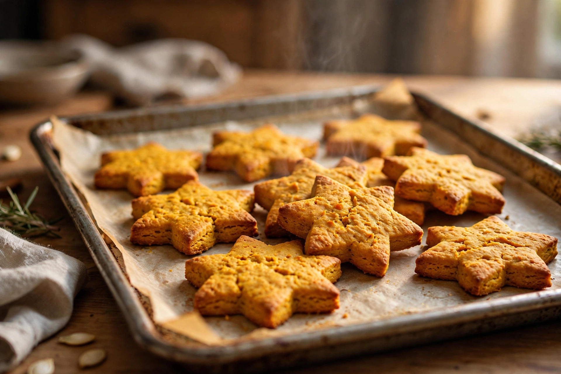 Pumpkin star-shaped dog biscuits on a baking sheet