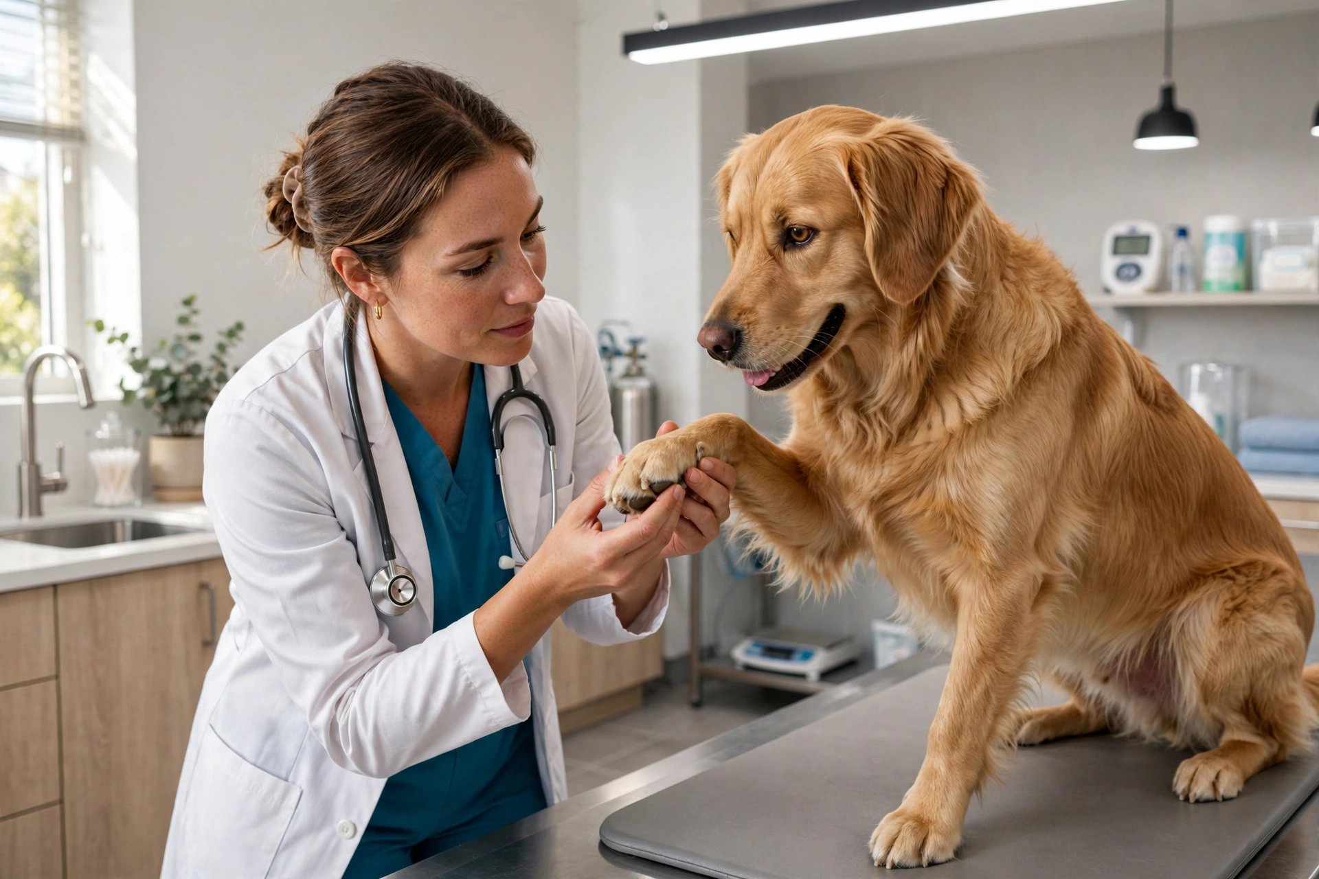 Veterinarian gently examining a dog's paw