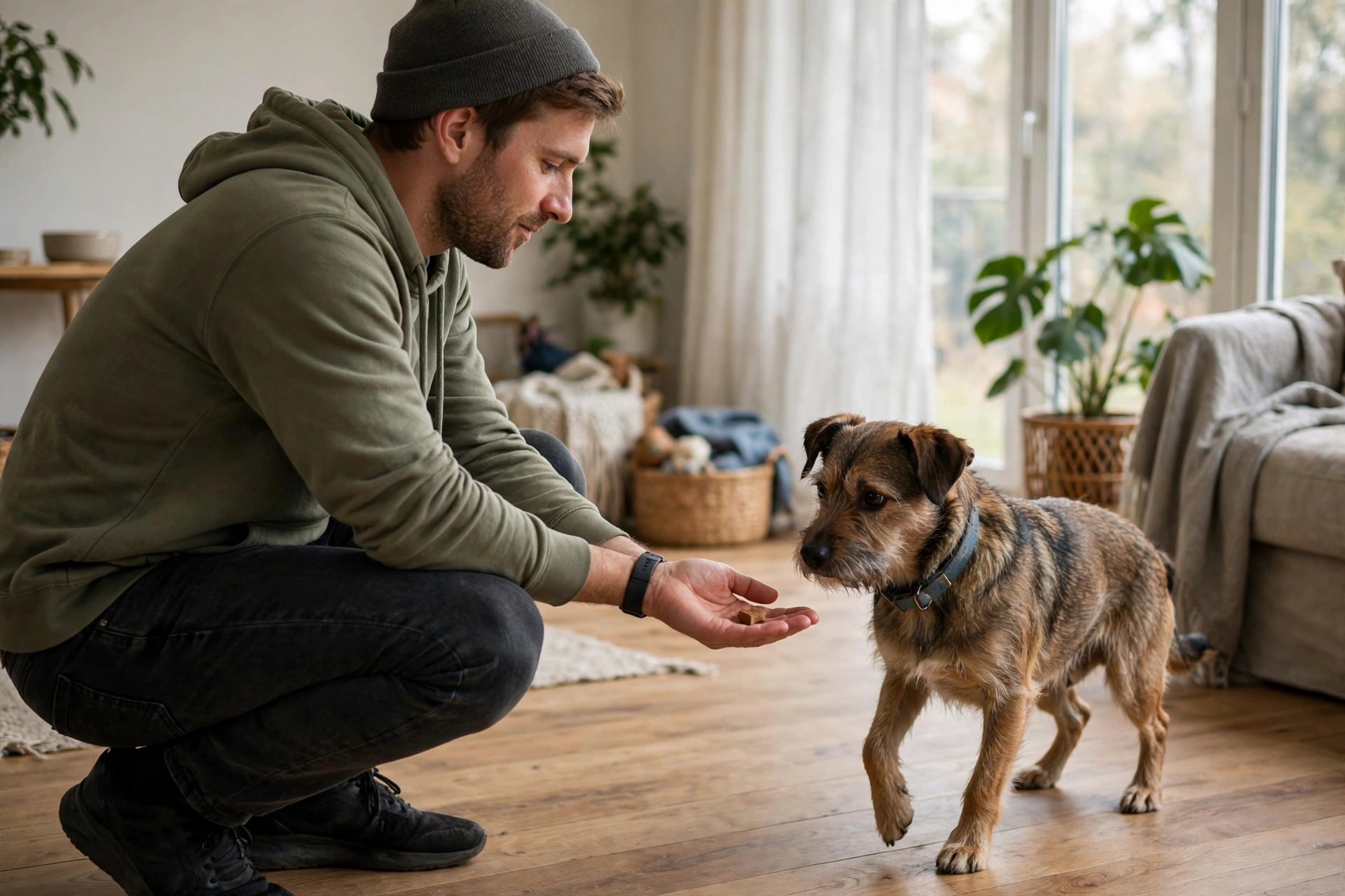 Man gently offering a treat to a cautious rescue dog