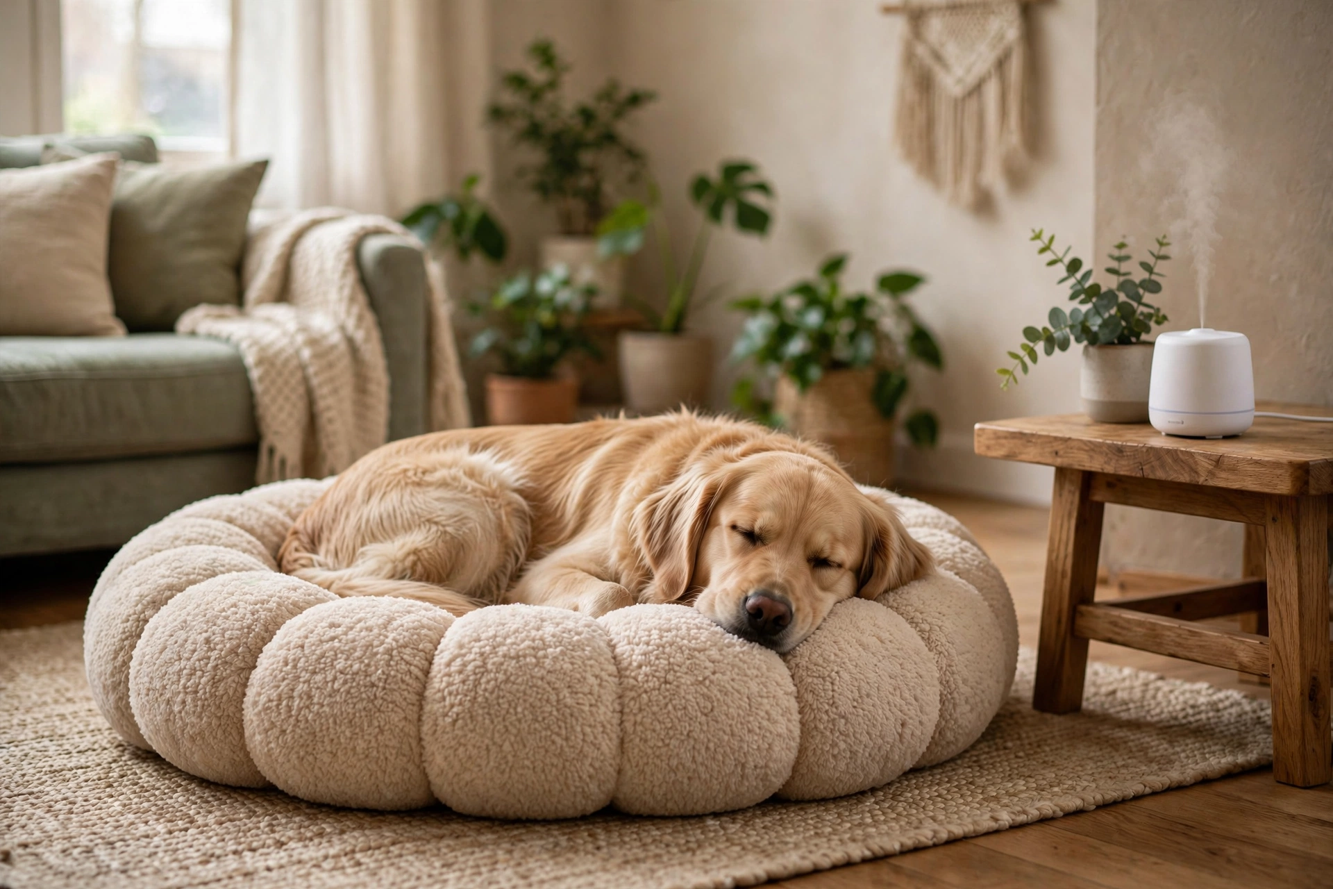 A calm dog resting on a donut cuddler bed with a diffuser in a peaceful living room