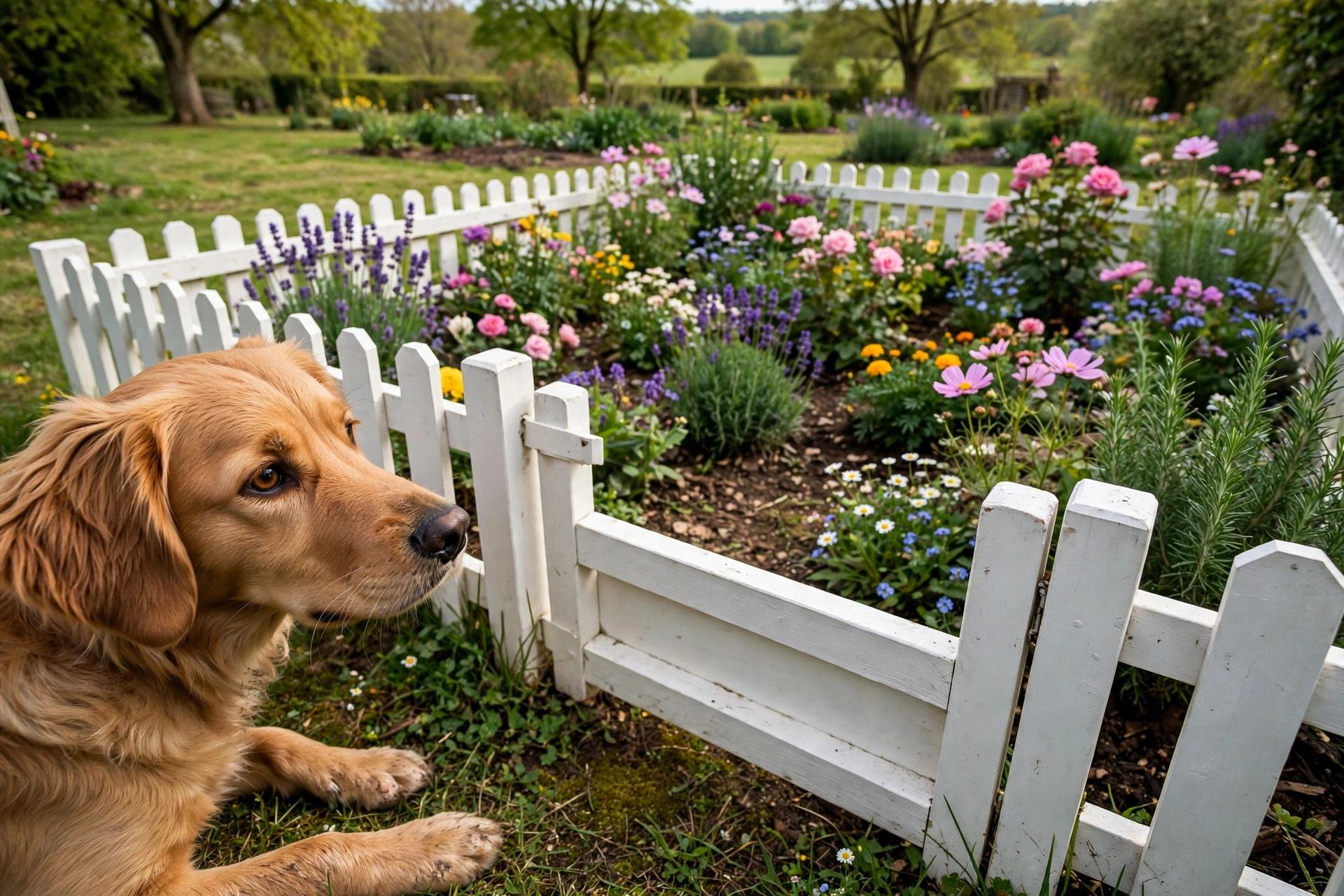 Garden bed fenced off with a gate to keep the dog out