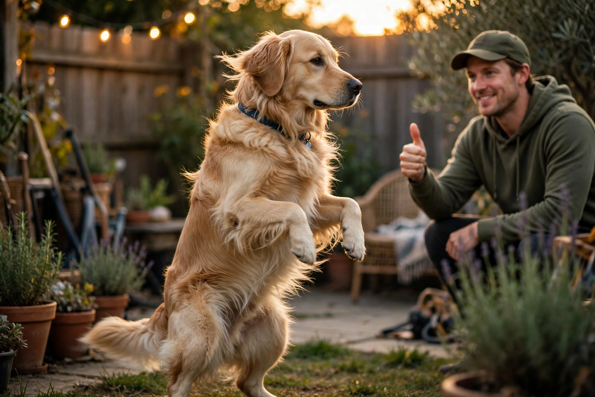 Dog finishing a spin and holding position calmly after completing the trick