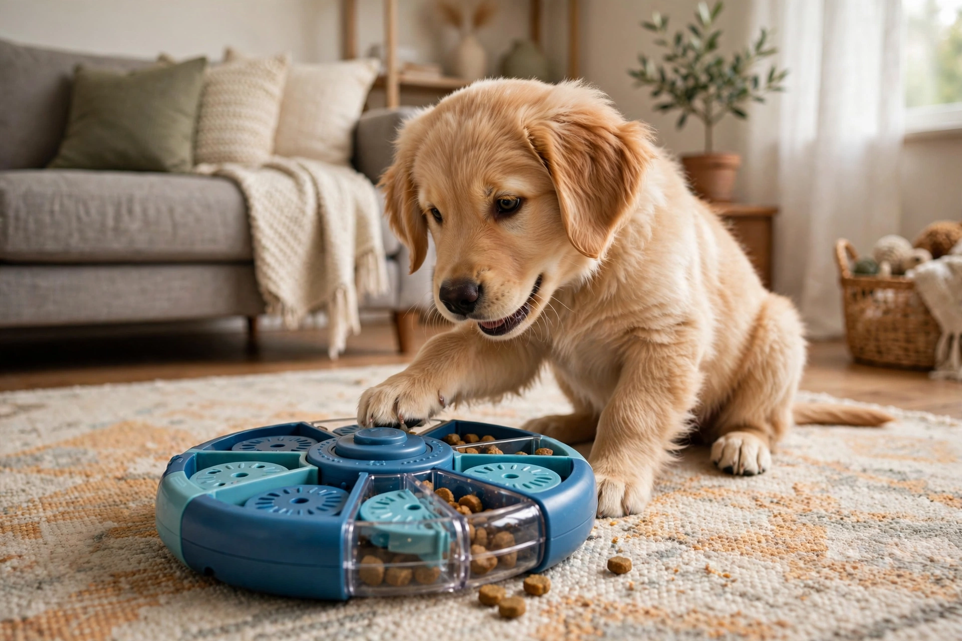 Dog playing with an interactive puzzle treat toy