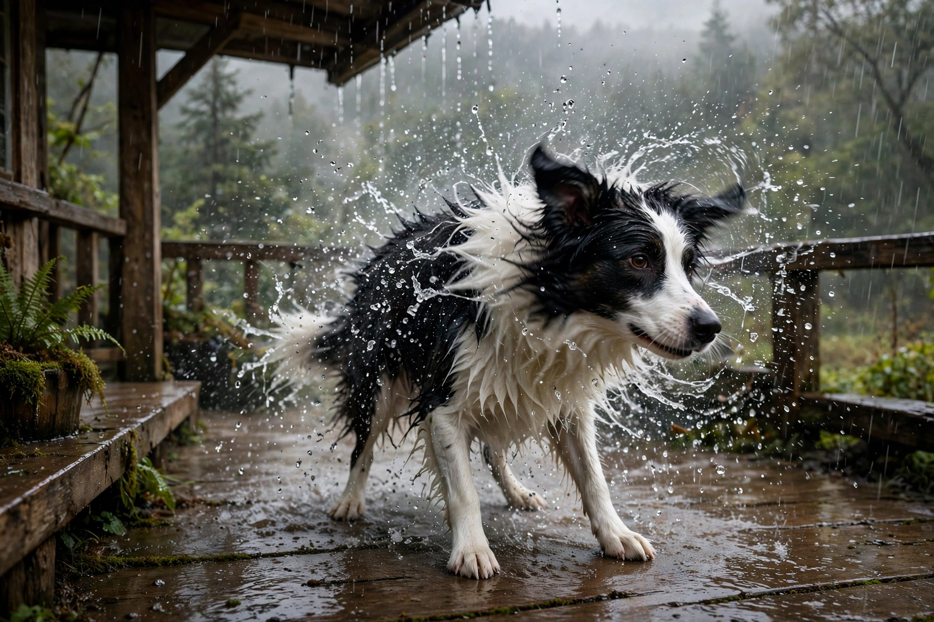 Wet dog shaking off water droplets after being in the rain