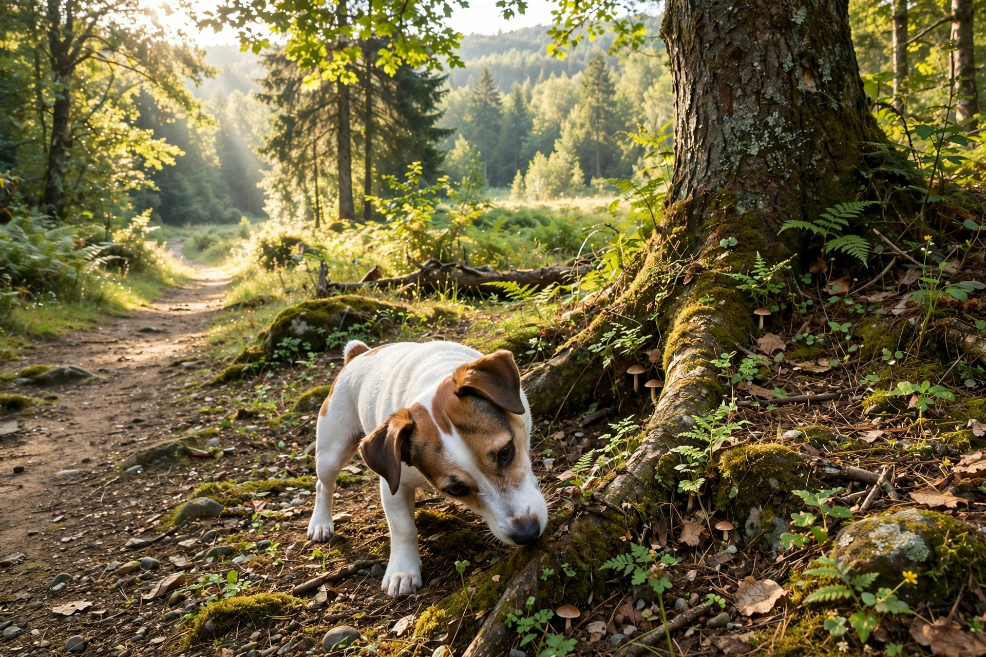 Jack Russell terrier sniffing intently at the base of a tree