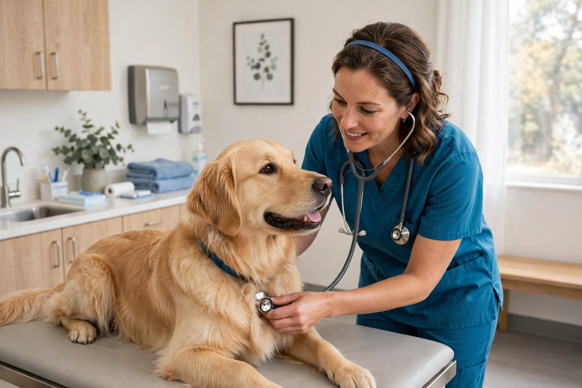 Veterinarian examining a golden retriever at a clinic