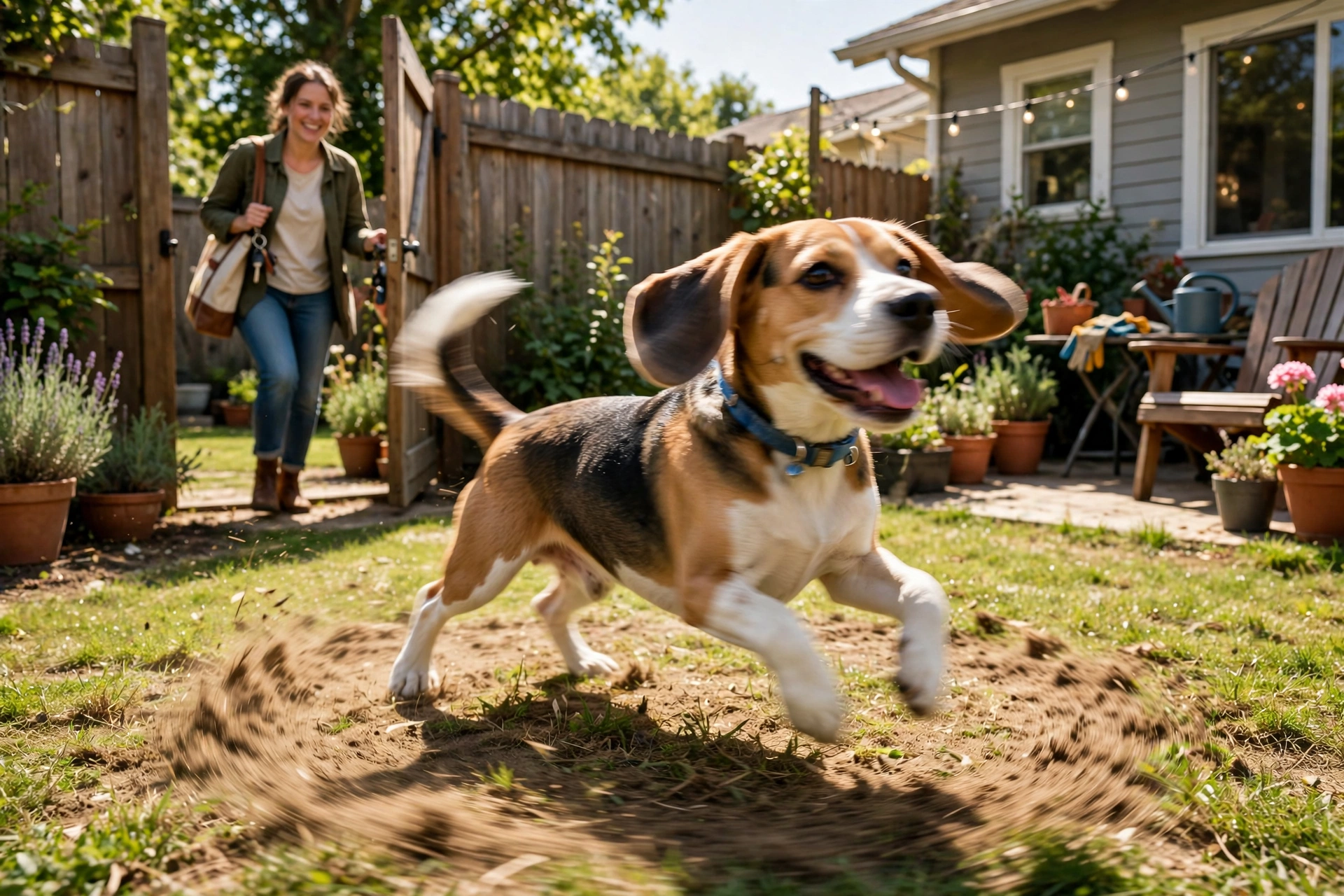 Happy beagle spinning in an excited circle in a sunny backyard