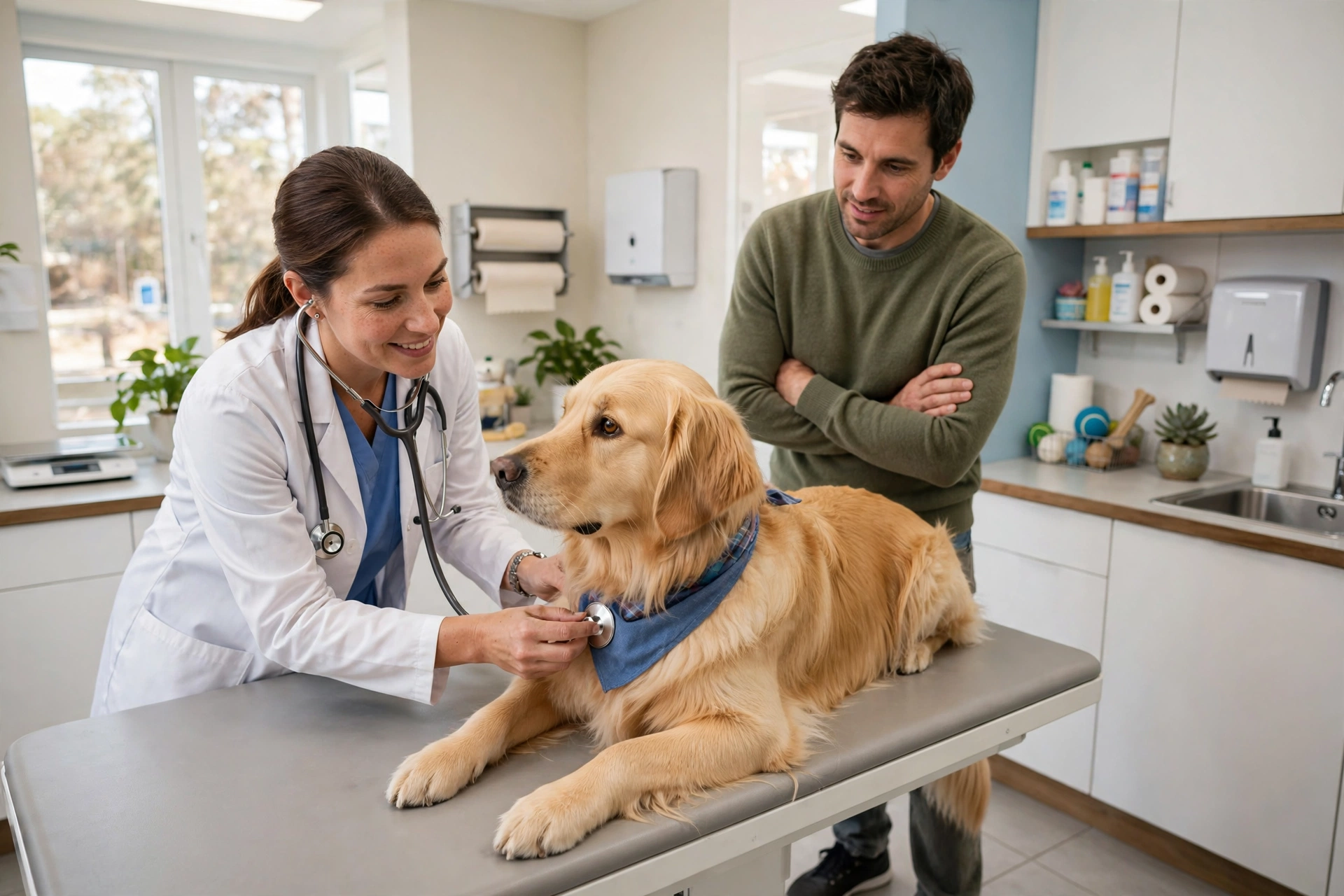 Veterinarian examining a golden retriever at a vet clinic