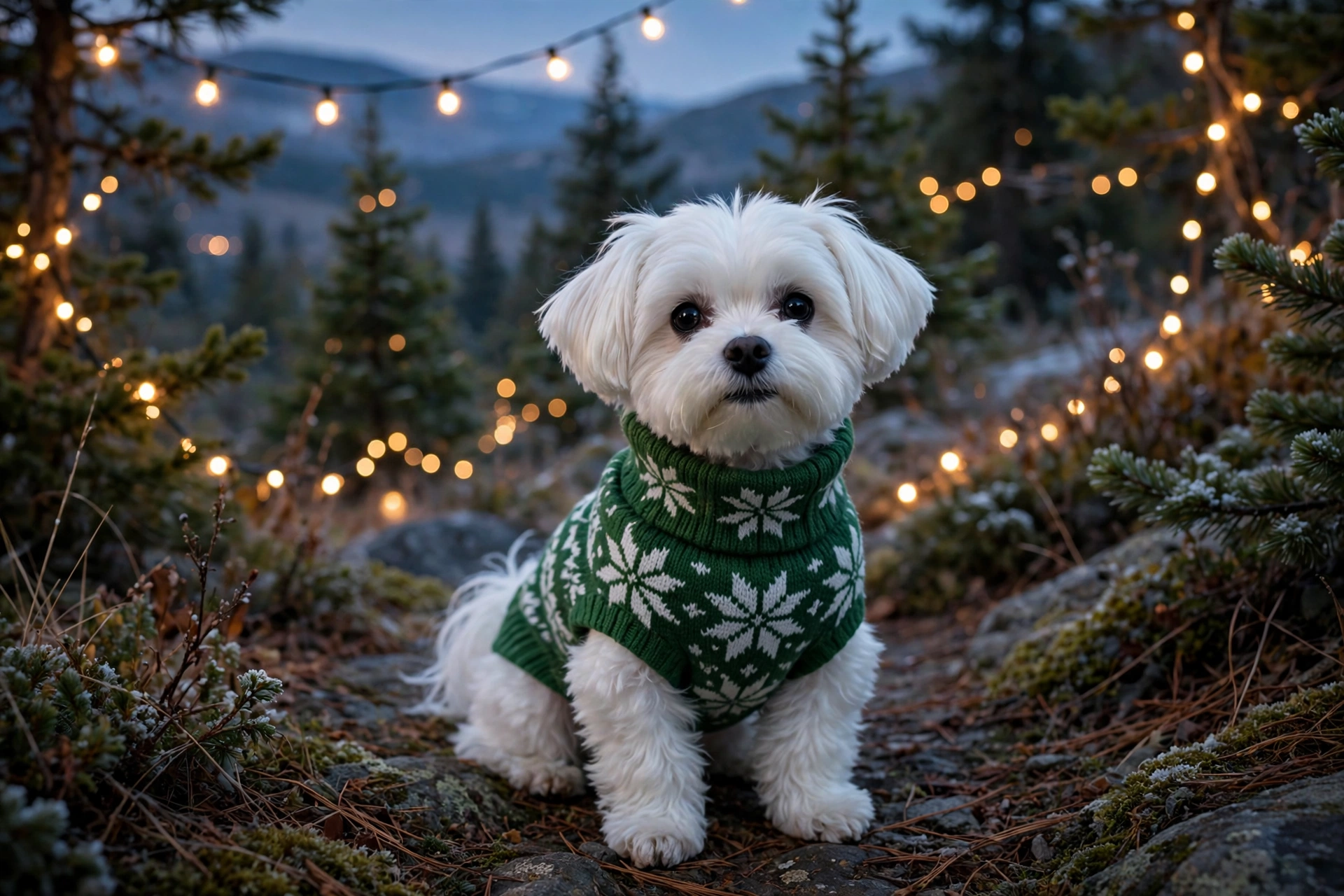 Maltese in a green BINGPET snowflake turtleneck Christmas sweater