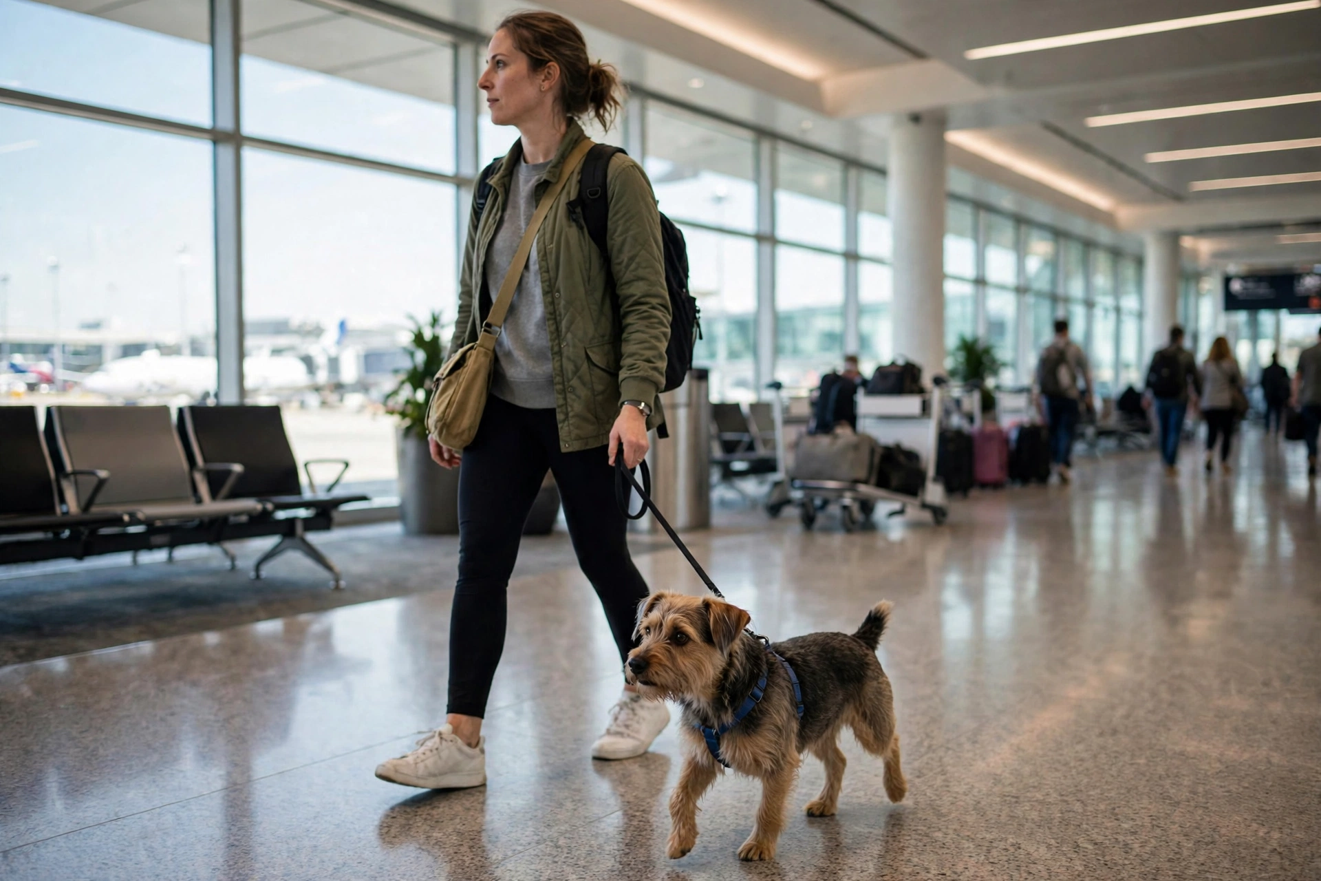 Small dog on a leash walking through an airport terminal