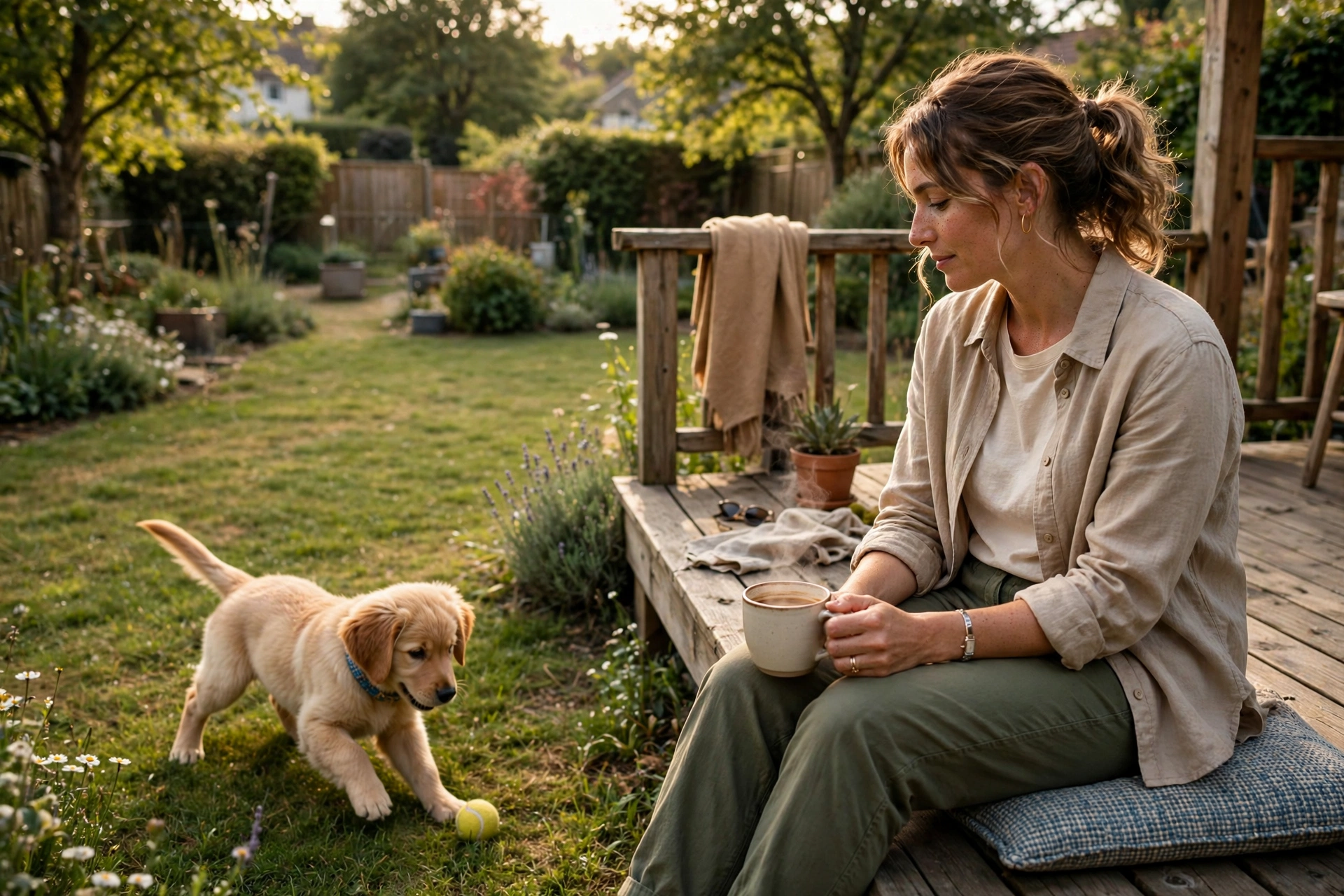 Woman supervising a golden retriever puppy playing in the yard from a deck