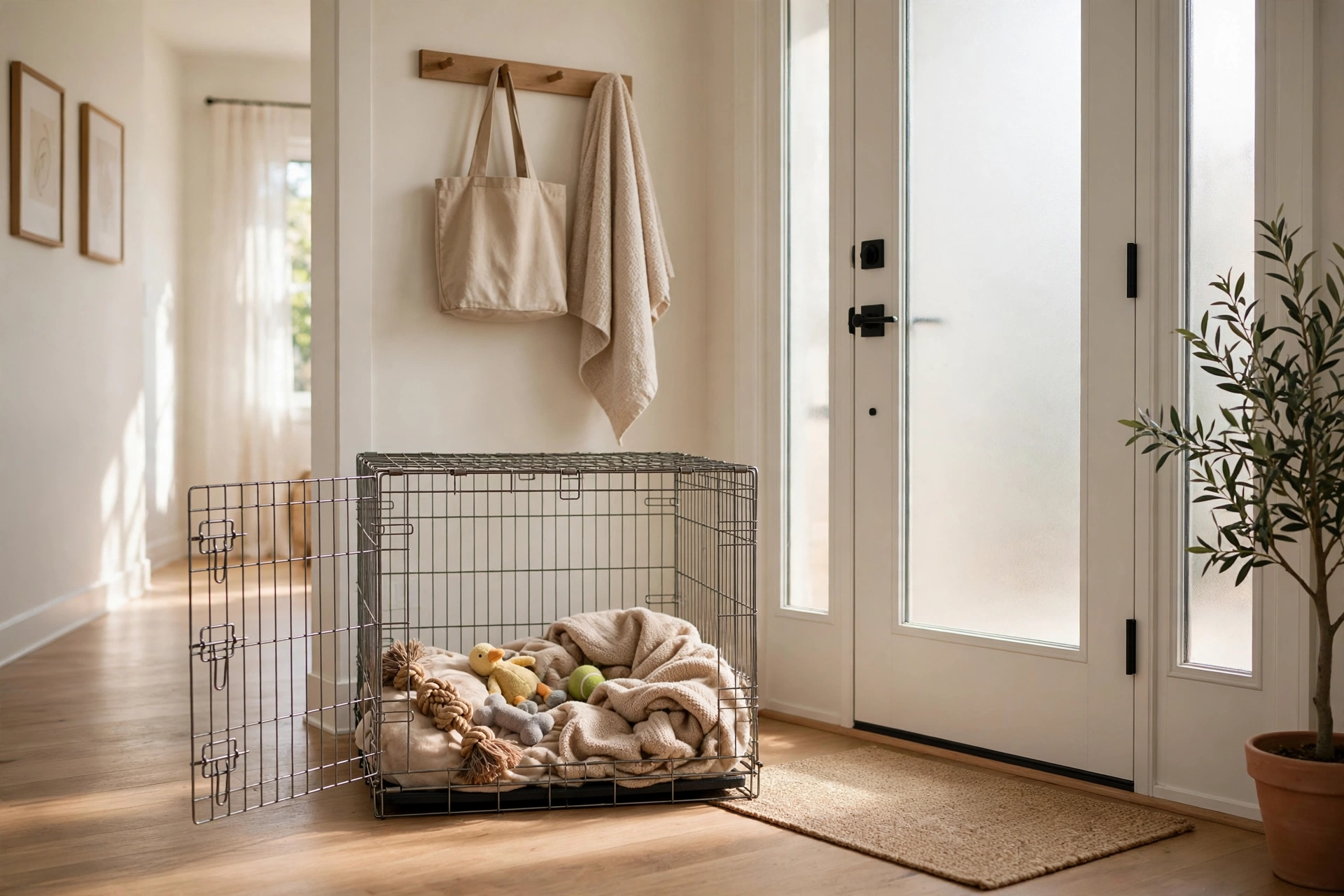 Comfortable dog crate with open door in a bright hallway near a front door