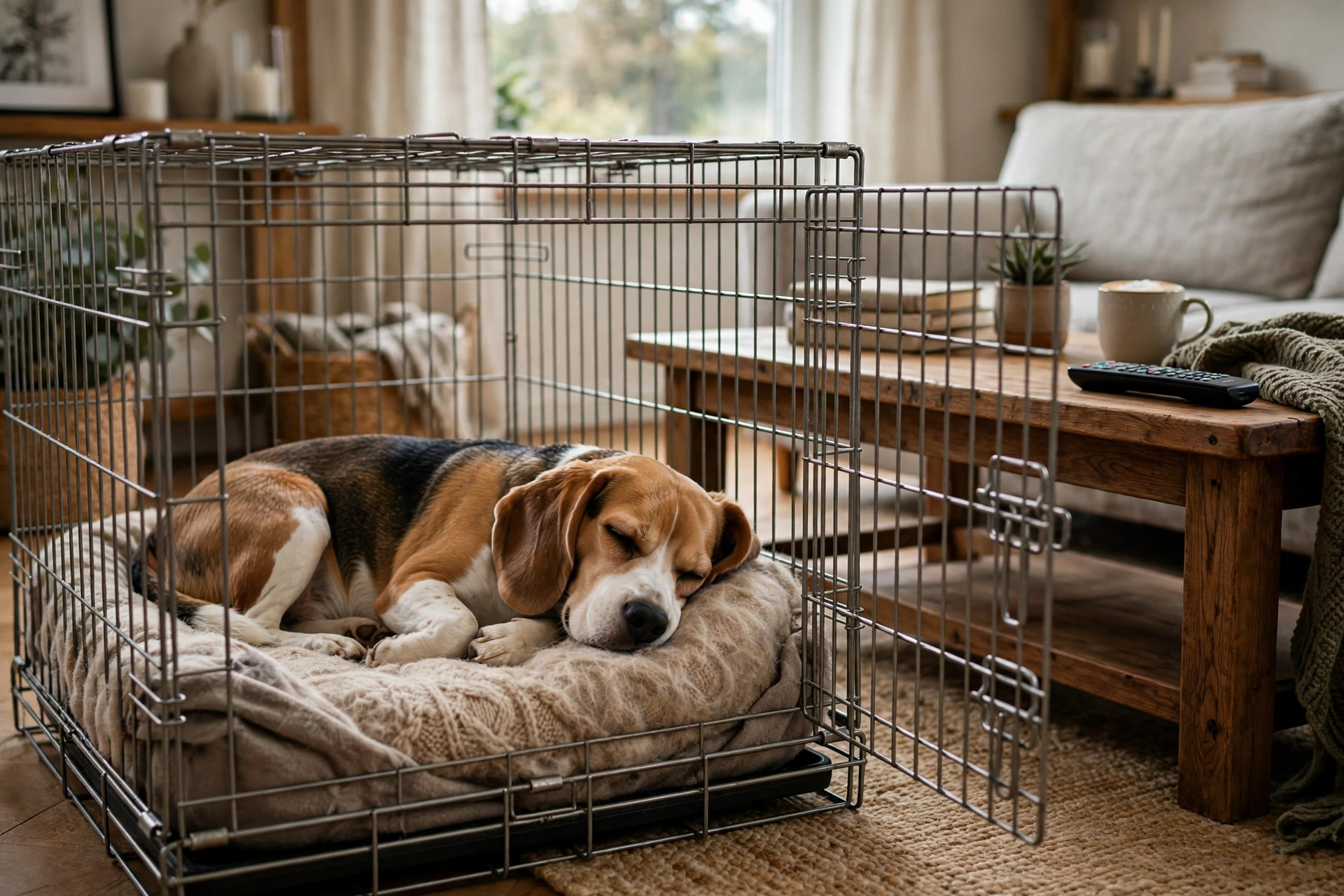 Beagle resting calmly inside an open metal dog crate with a soft bed