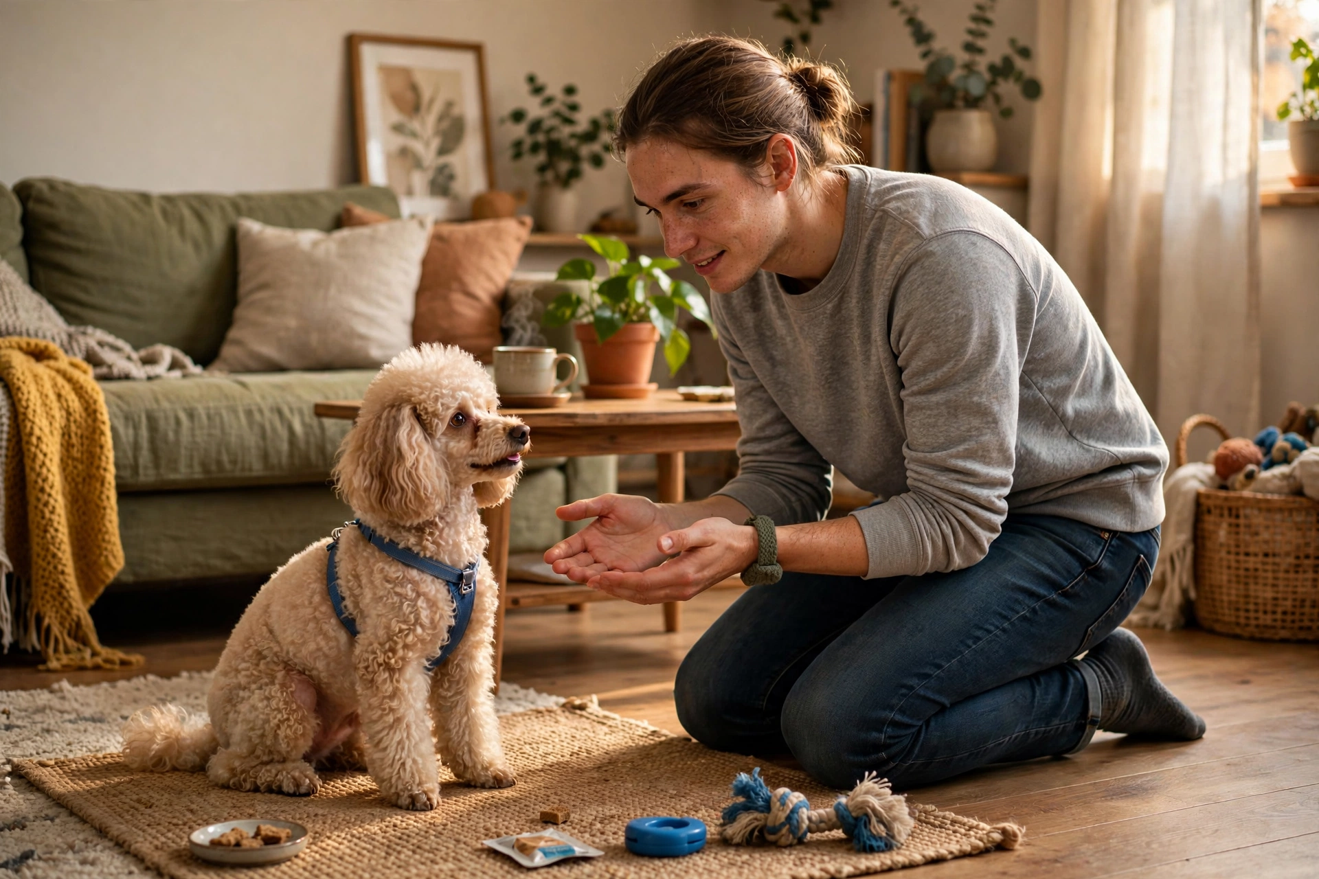 Patient owner encouraging a small dog during trick training troubleshooting