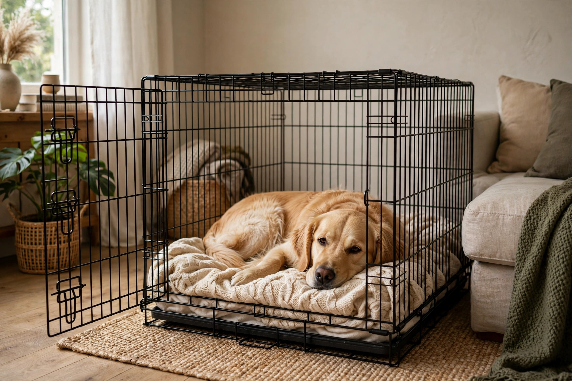 Dog resting calmly inside a wire crate