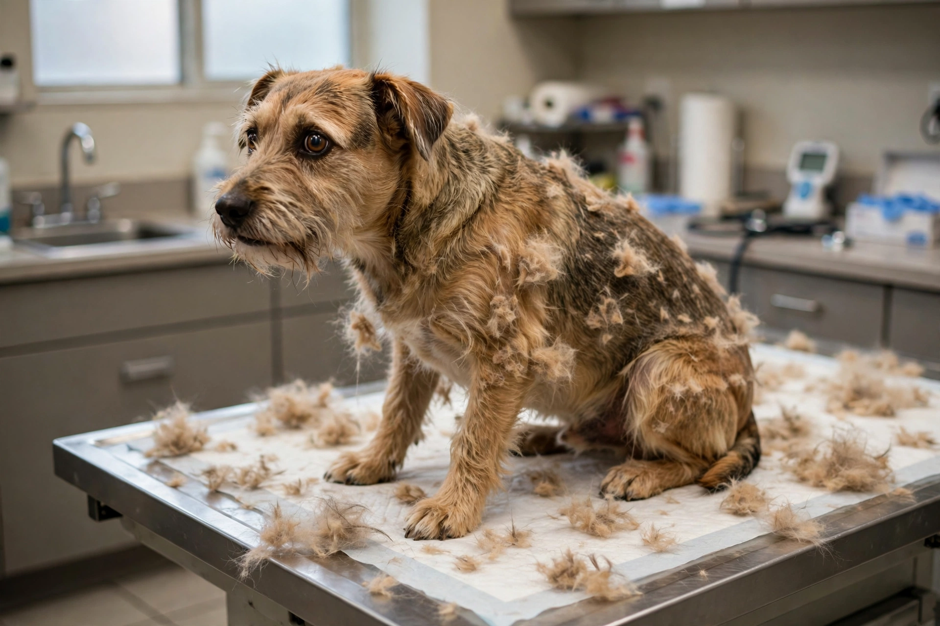 Dog shedding clumps of fur during a stressful vet visit