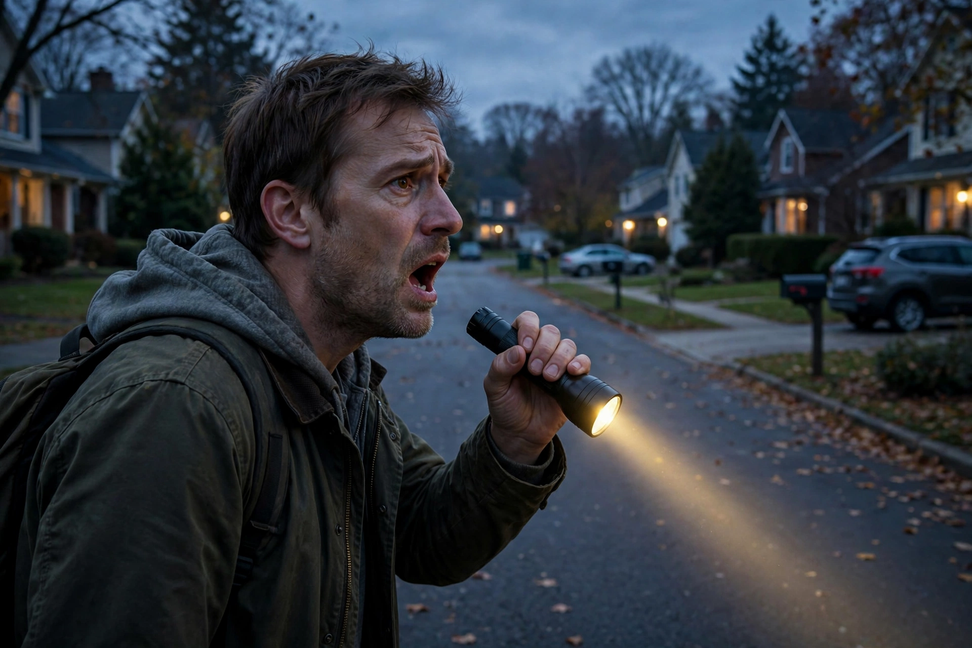 Worried owner searching a quiet suburban street at dusk calling for their lost dog while holding a flashlight