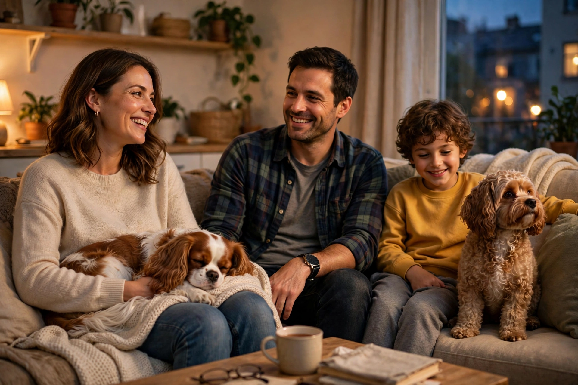 Happy family relaxing at home with a Cavalier asleep on a lap and a Cavapoo sitting attentively beside them