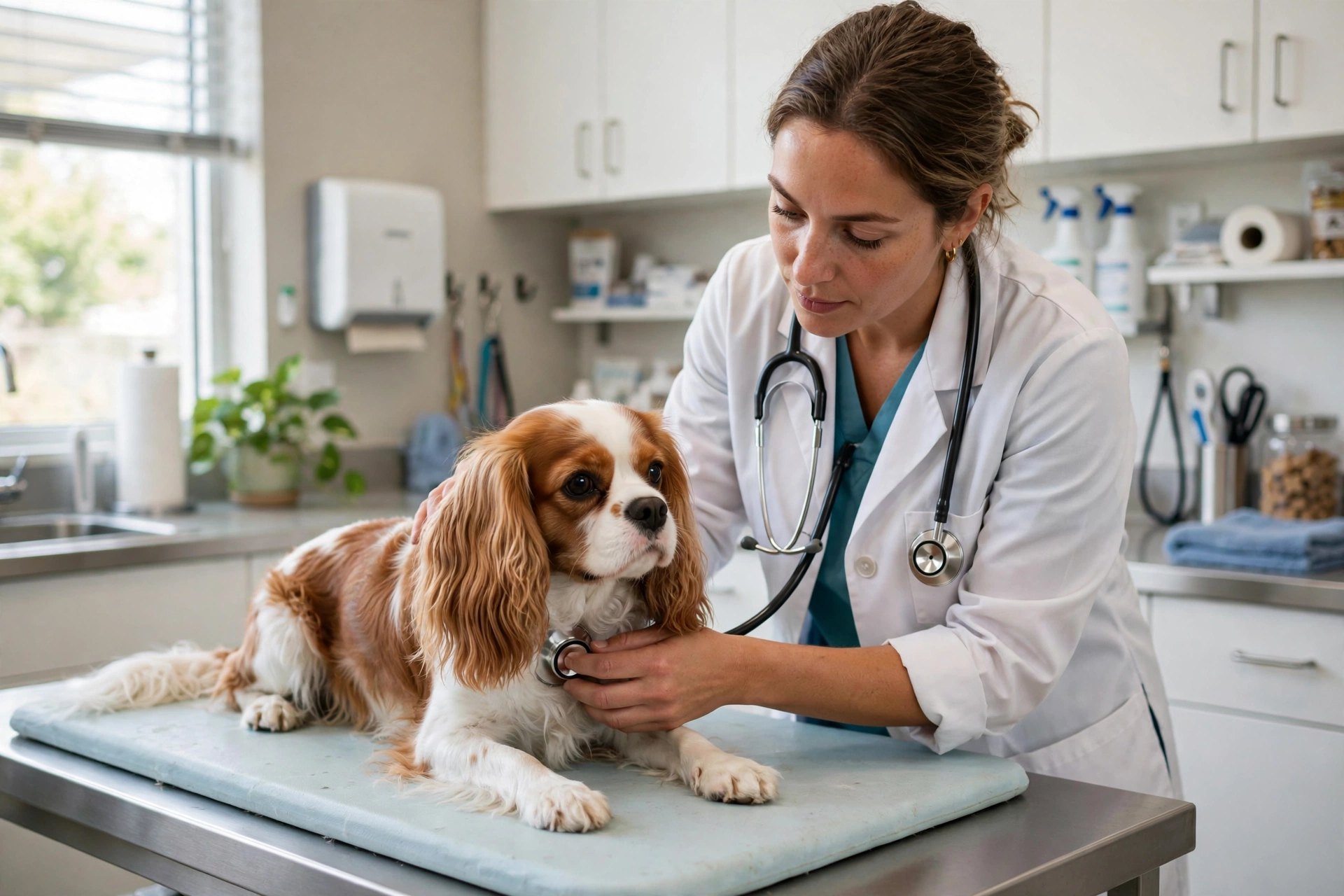 Veterinarian in a white coat gently examining a Cavalier King Charles Spaniel on an exam table