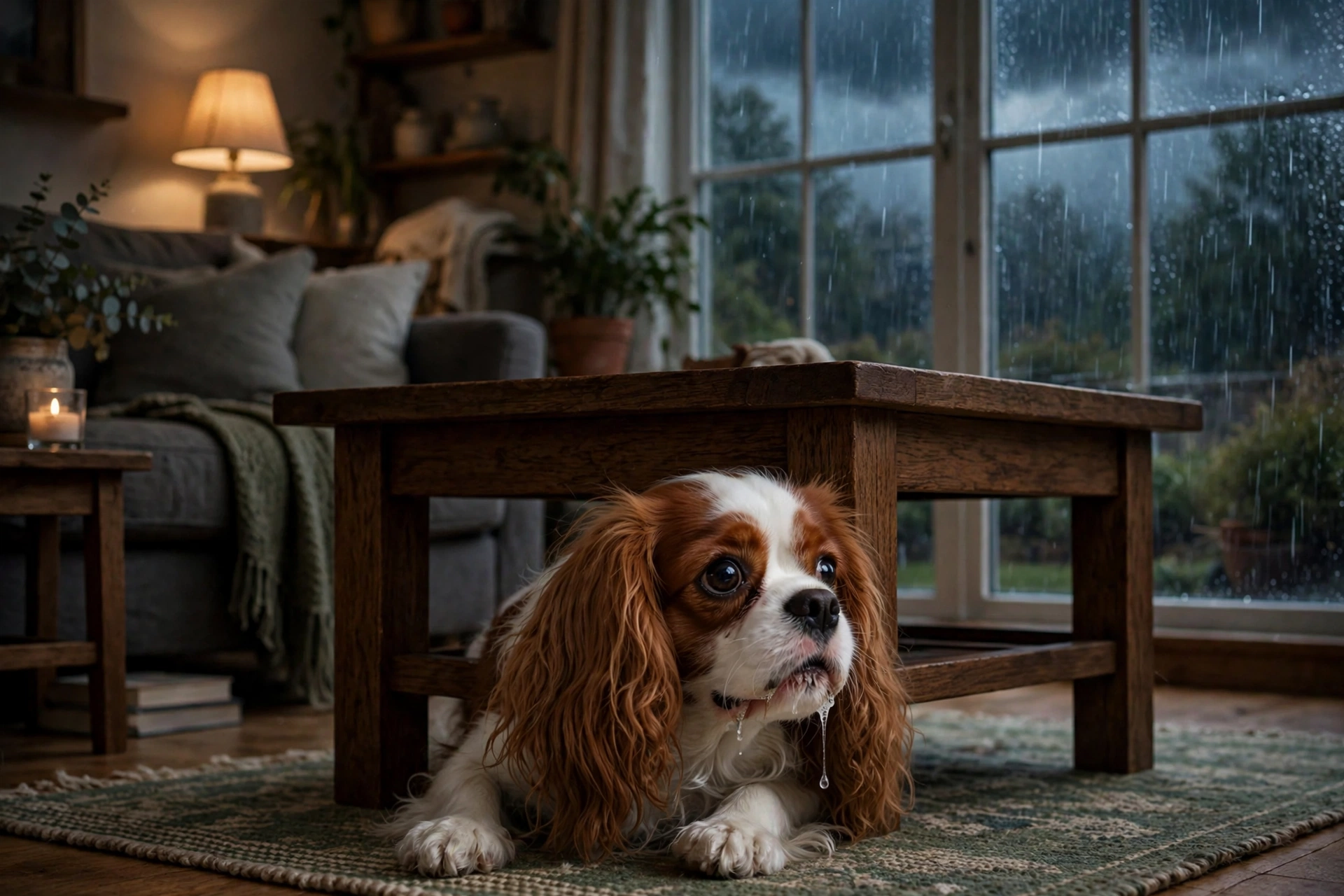 Anxious Cavalier King Charles Spaniel drooling during a thunderstorm