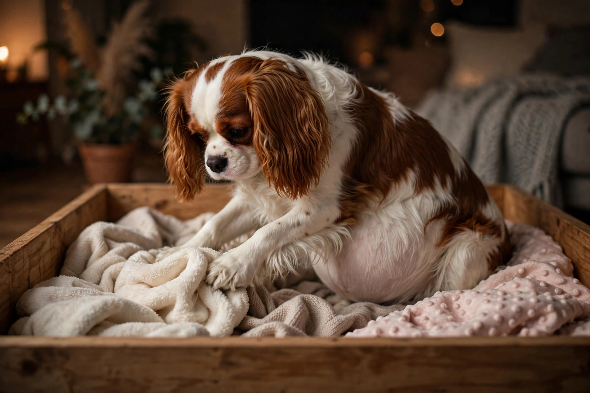 Pregnant Cavalier King Charles Spaniel nesting and arranging blankets in a whelping box