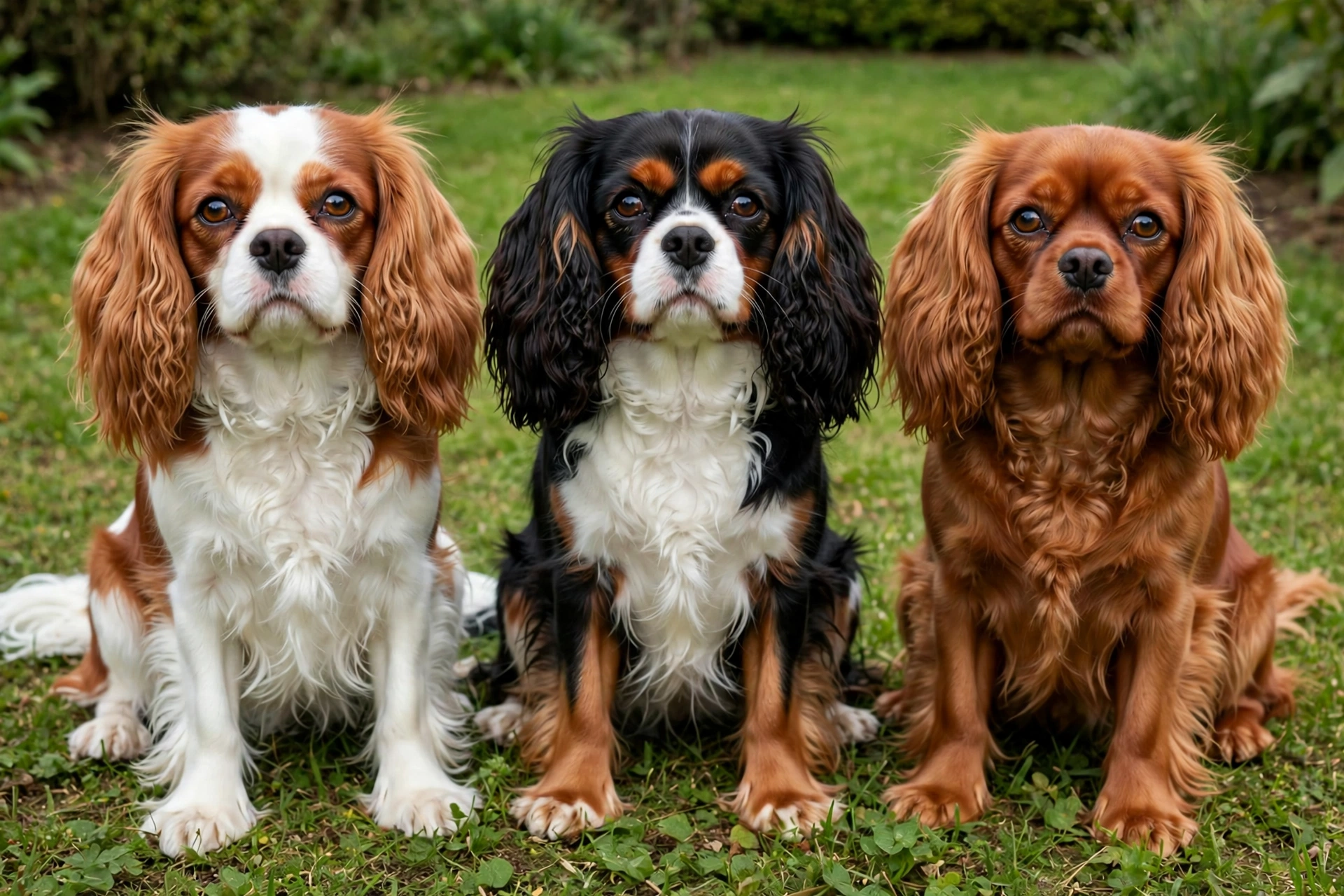 Three Cavalier King Charles Spaniels in different coat colors sitting together