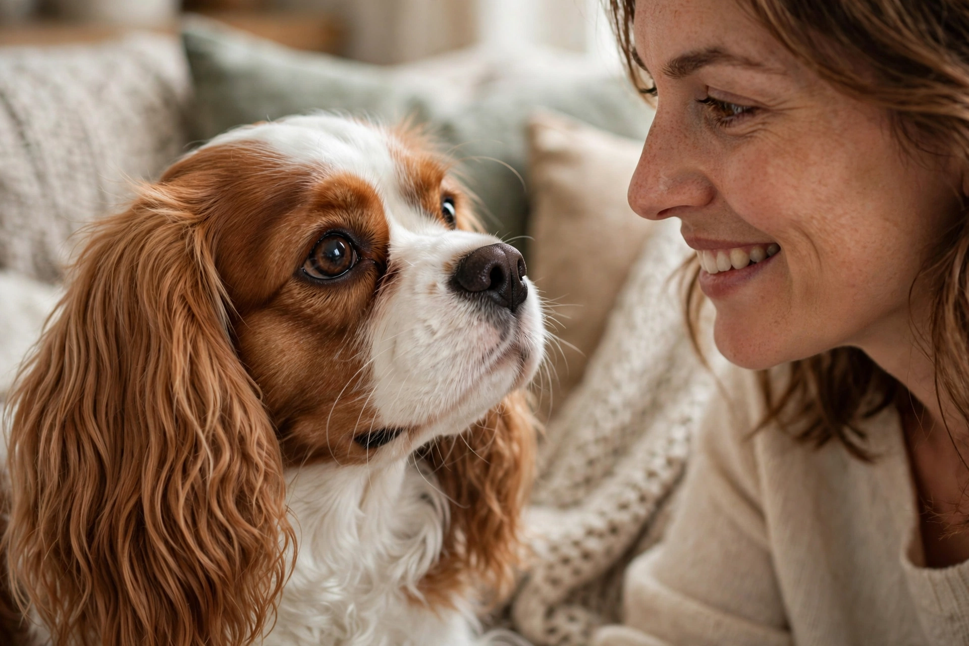 Cavalier King Charles Spaniel gazing lovingly into its owner's eyes