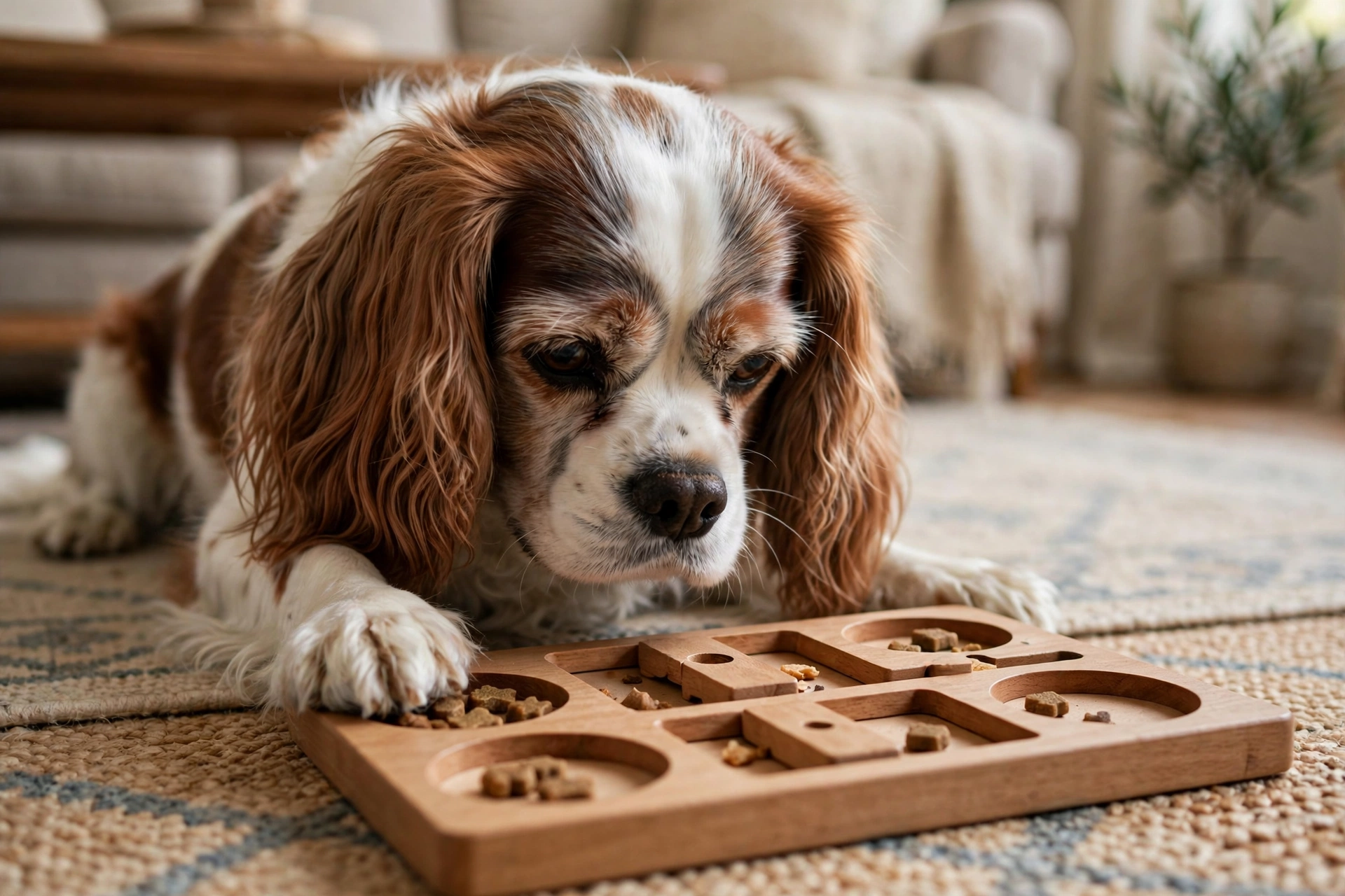 Senior Cavalier solving a dog puzzle toy on a living room rug