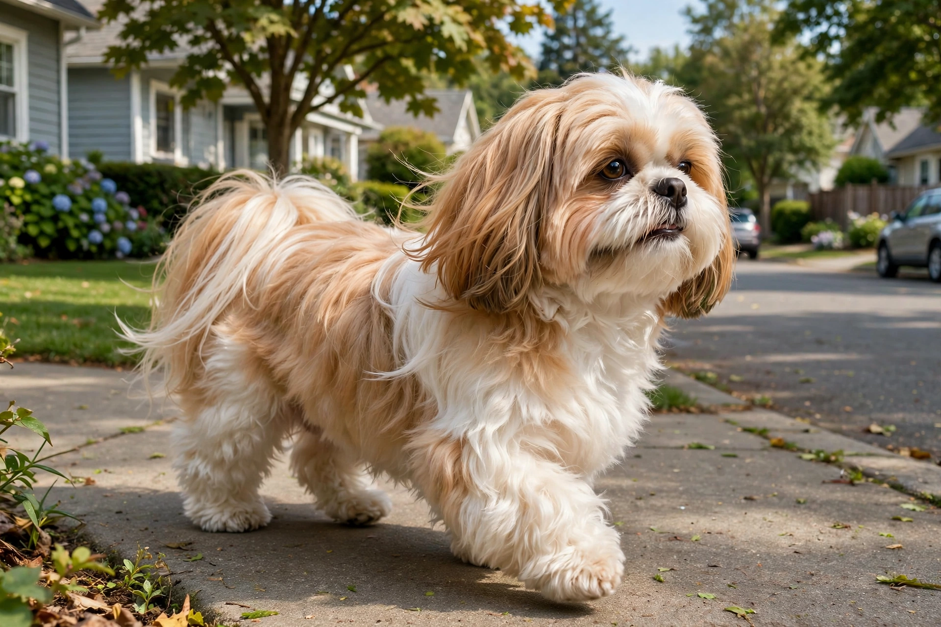 Shih Tzu with luxurious coat walking on a sidewalk
