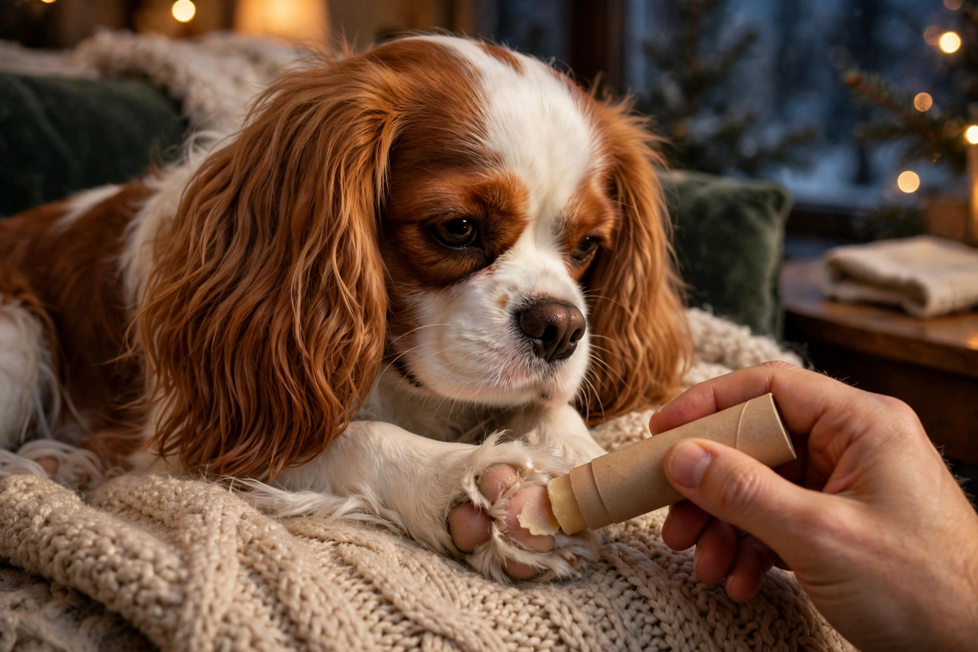 Owner moisturizing a Cavalier King Charles Spaniel's dry paw pads indoors on a winter evening