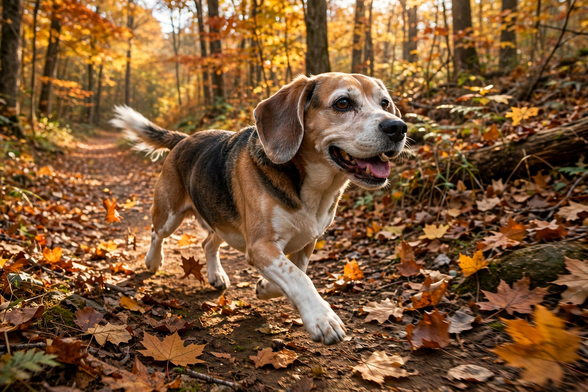 Senior Beagle with a gray muzzle trotting on an autumn forest trail
