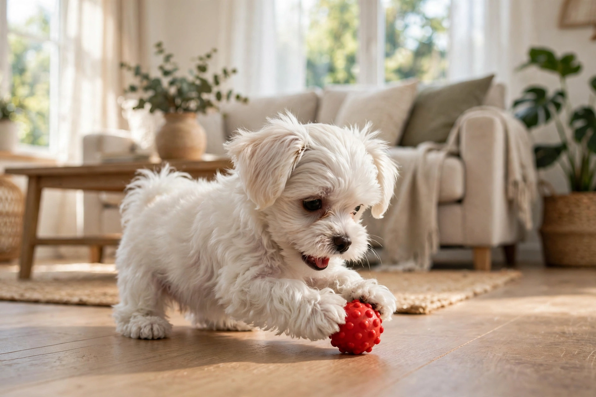 Maltese puppy playing with a small red KONG Squeezz squeaky ball