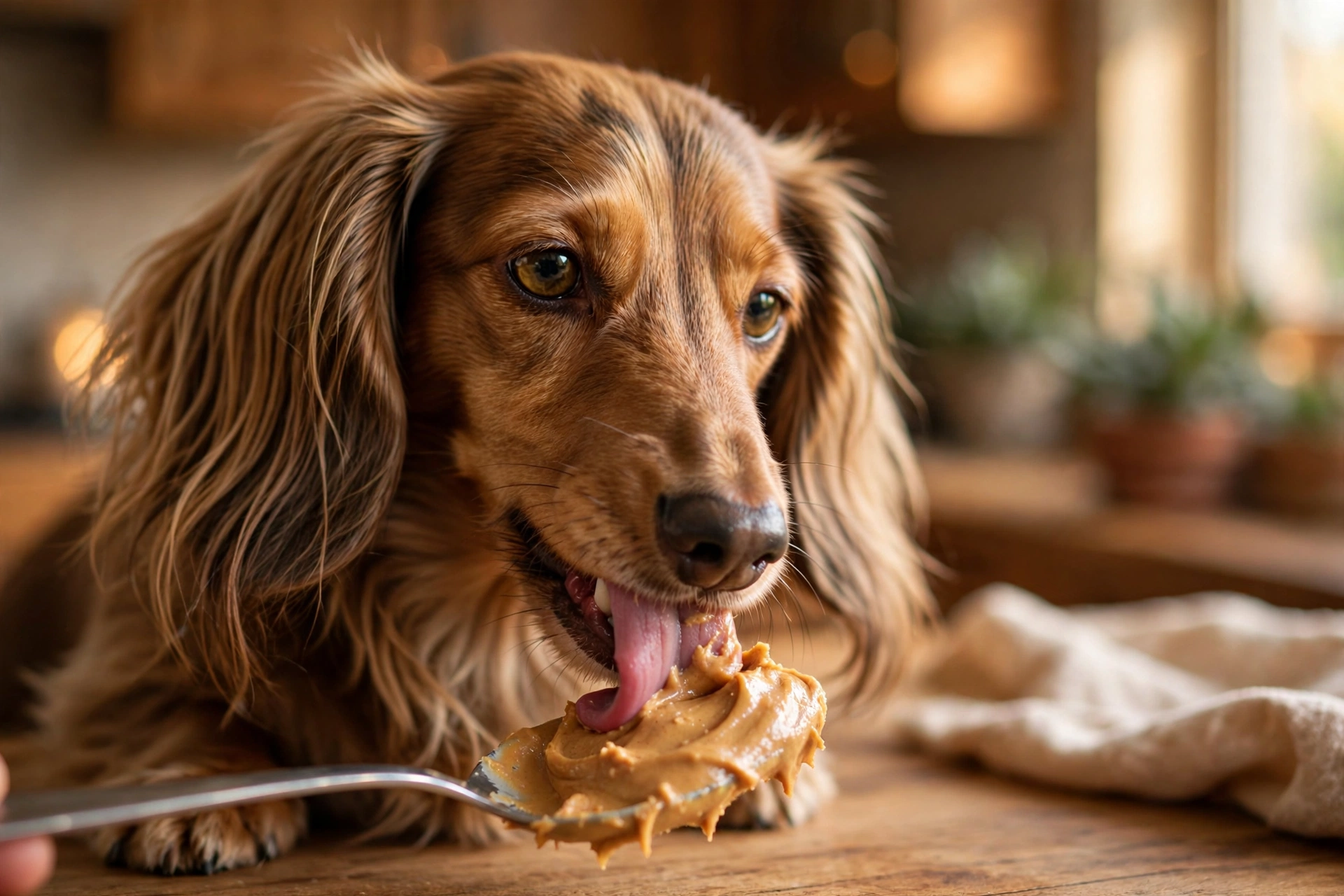 Long-haired dachshund licking creamy peanut butter from a spoon