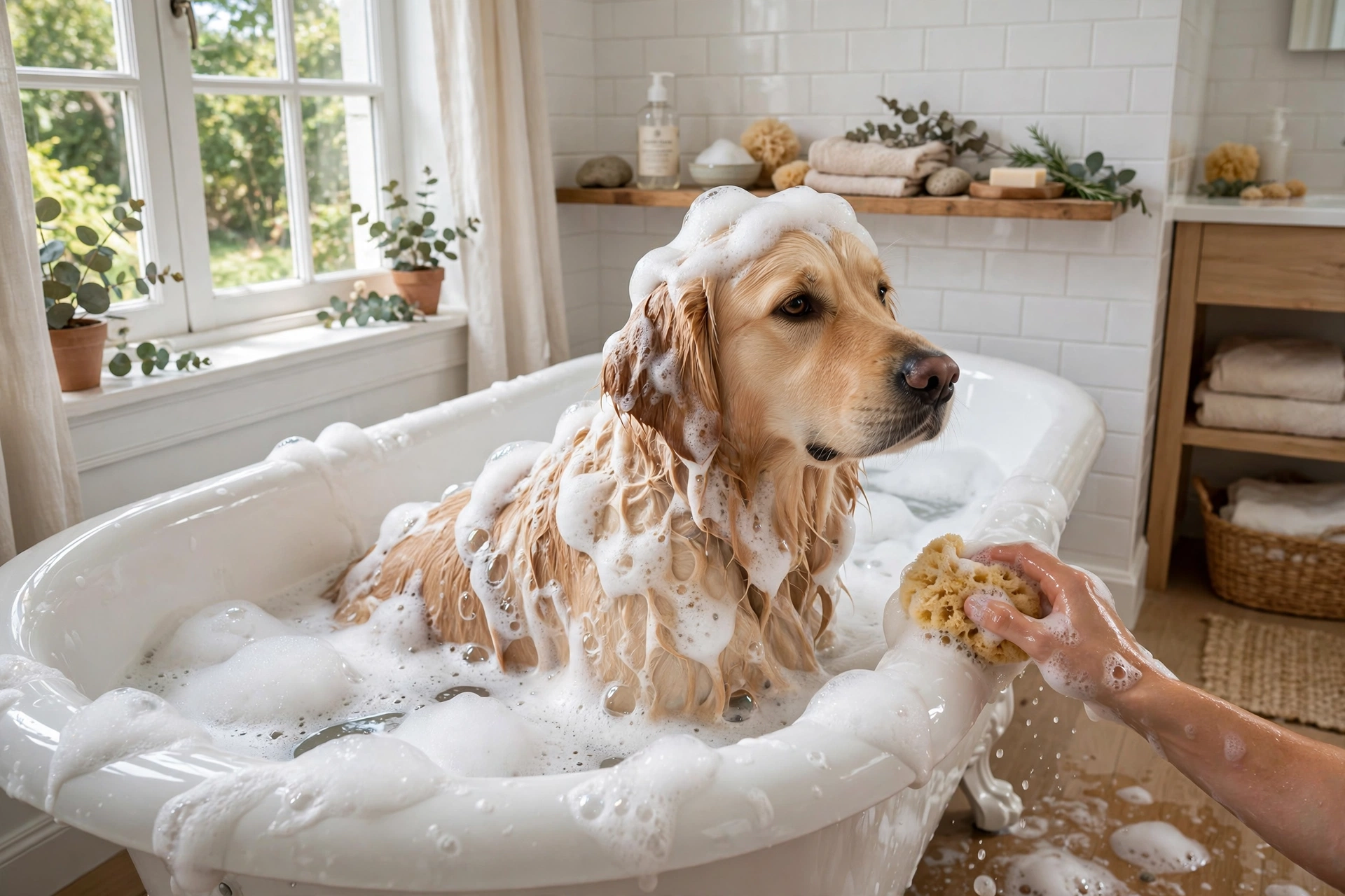 Dog being bathed with a gentle deodorizing dog shampoo