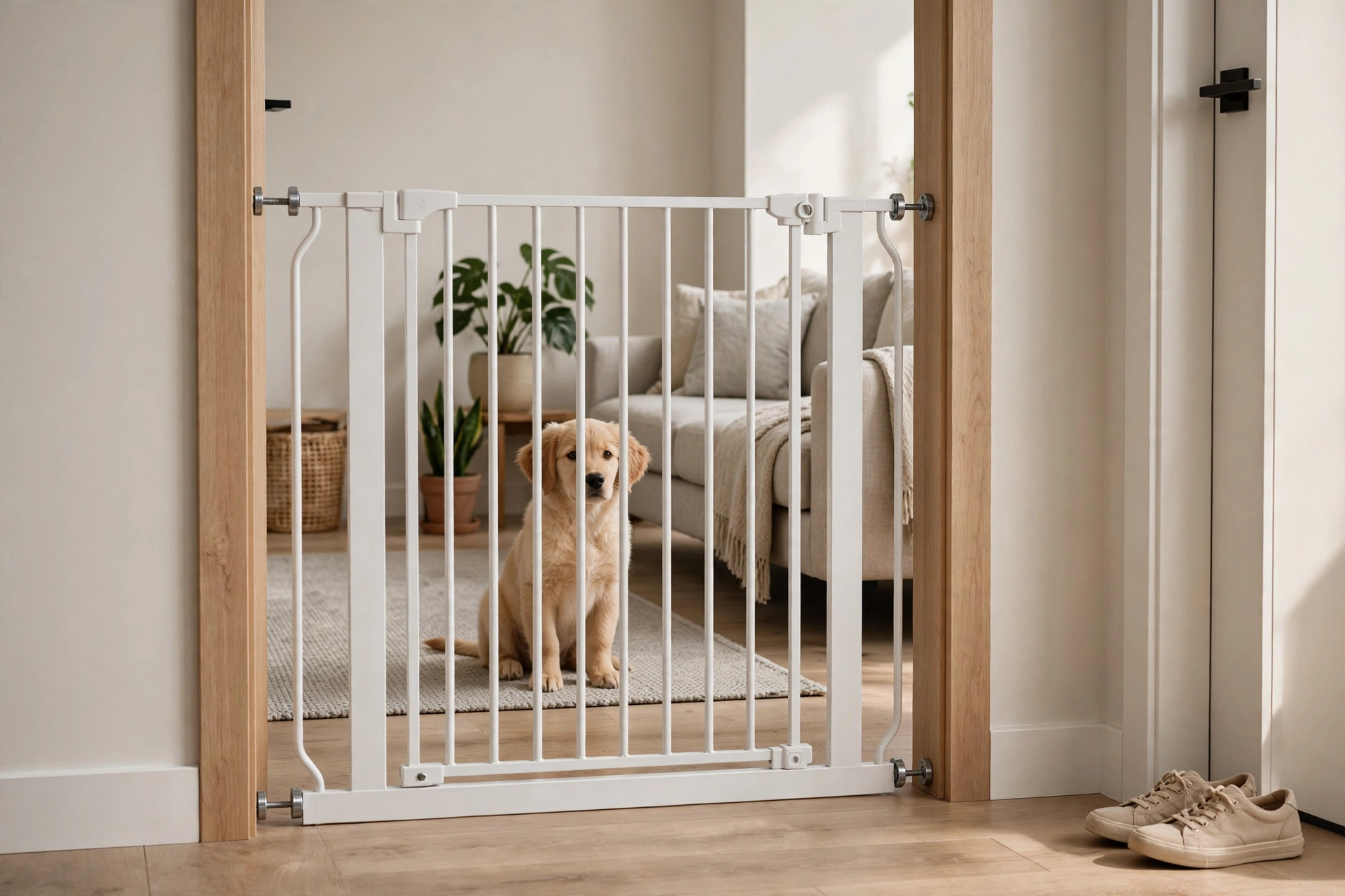 Baby gate installed in a home doorway managing a dog's access to rooms
