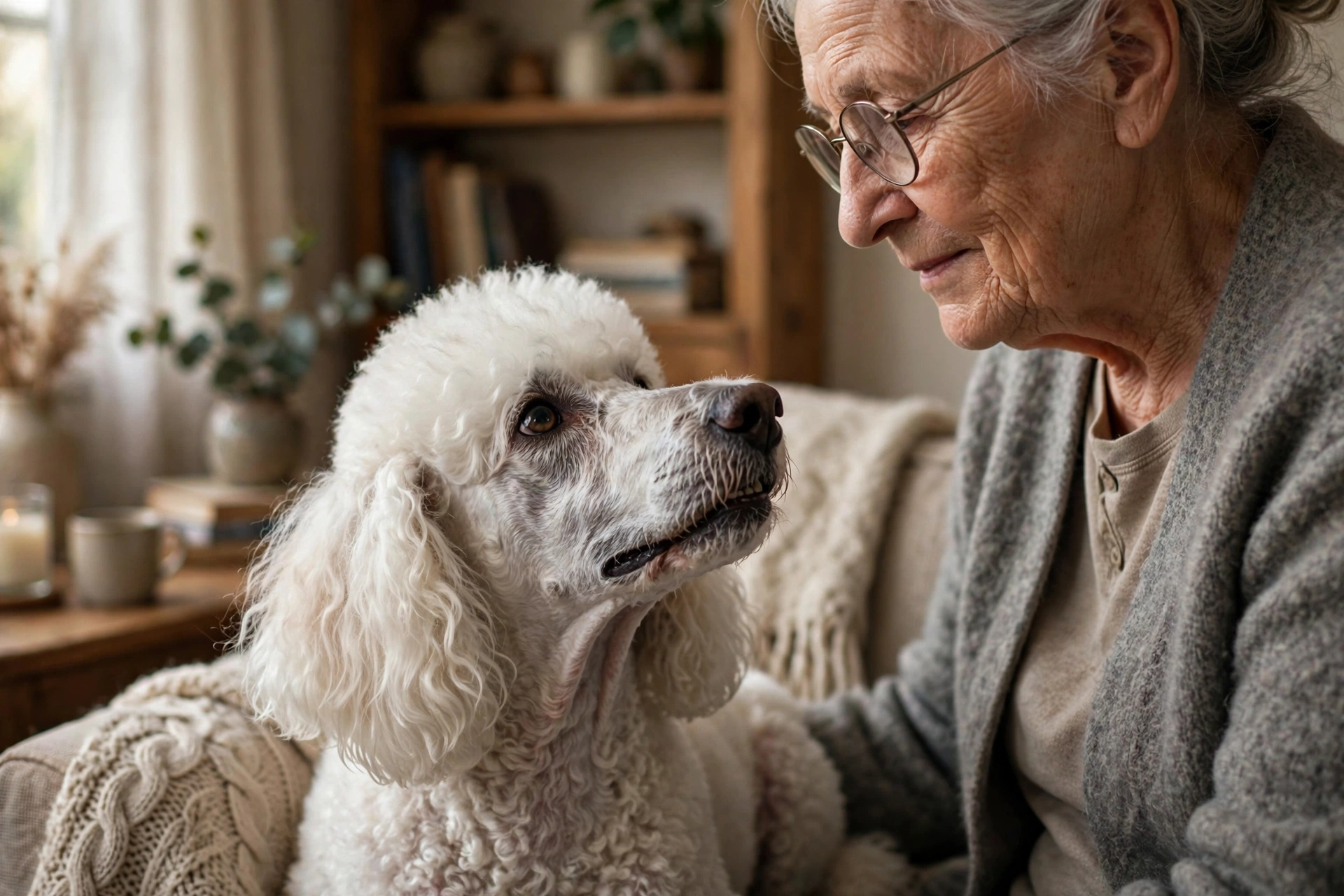Senior poodle groaning softly while looking up at its elderly owner