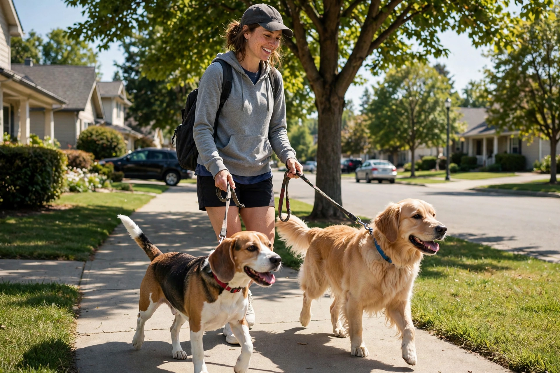 Dog walker walking two happy dogs on a sunny sidewalk