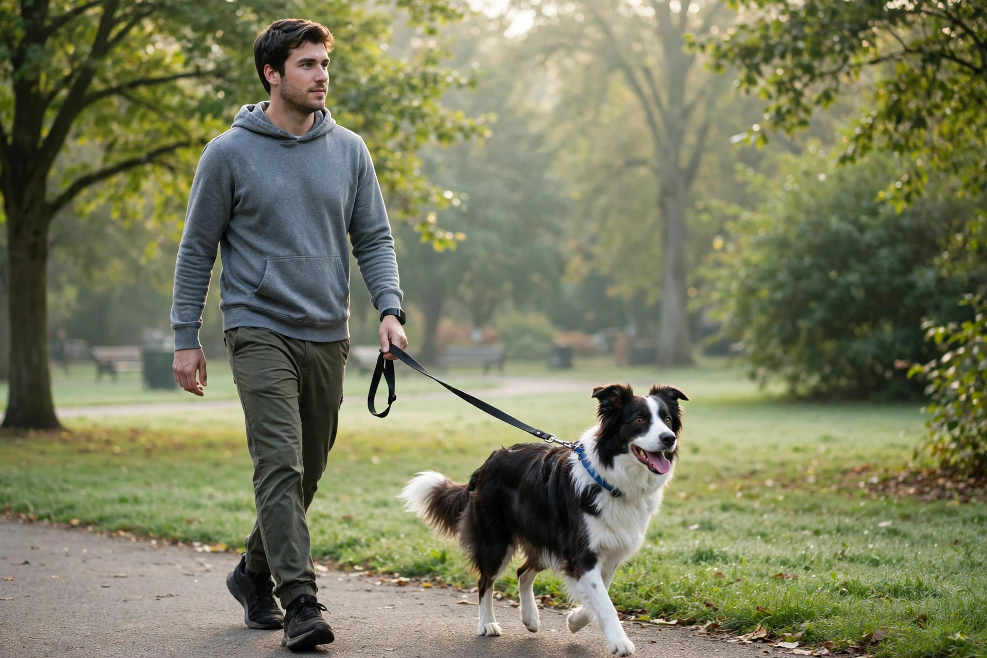 Owner walking a happy dog on a leash in a park in the morning