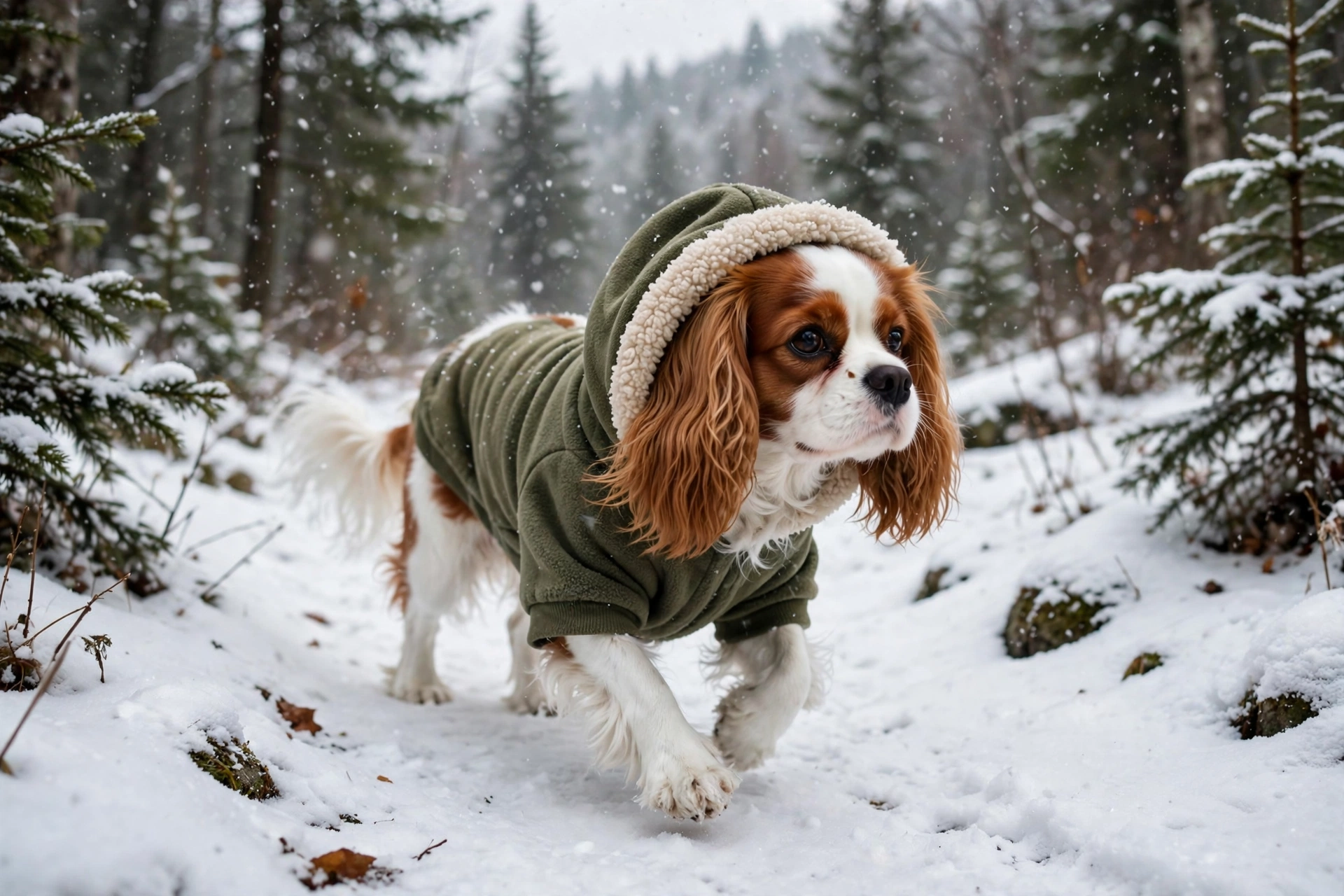 Small dog wearing a warm fleece-lined hoodie in winter