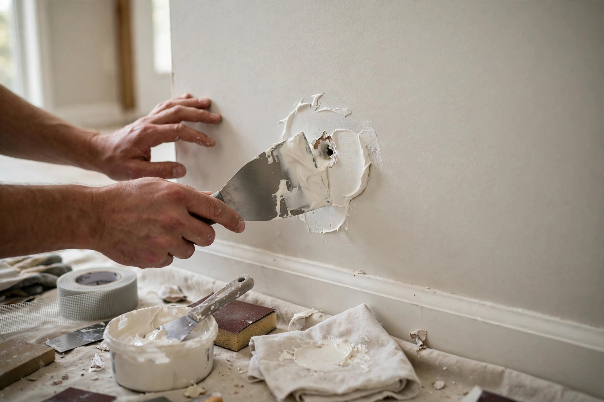 Hands patching a hole in drywall with spackle during wall repair